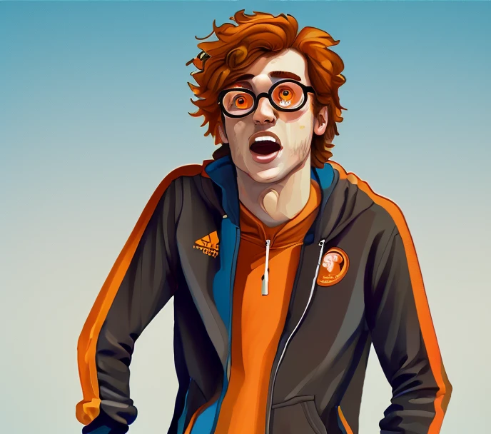 David McNair, Churros Head, Brown Orange Hair, Medium Maple Syrup Hair, Blue Square Eyewear, Orange Tracksuit