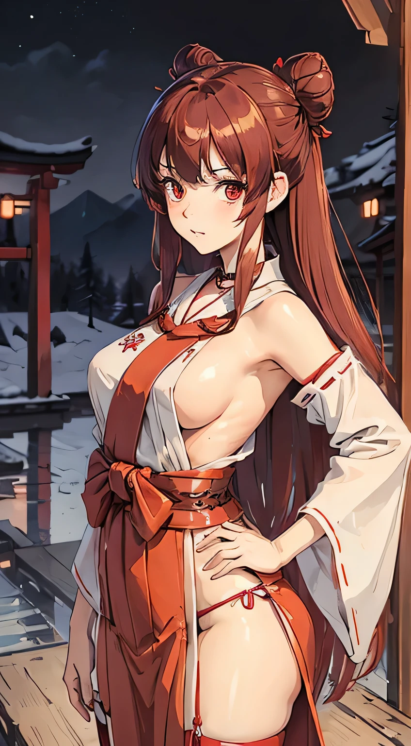 ((best quality)), ((masterpiece)), (detailed), perfect face, girl, dark red hair, long hair, thigh high, shrine maiden, Miko priestess, garter belt, onsen theme, hands on hips, long skirt, hair in bun, hair glowing, hair in bun,