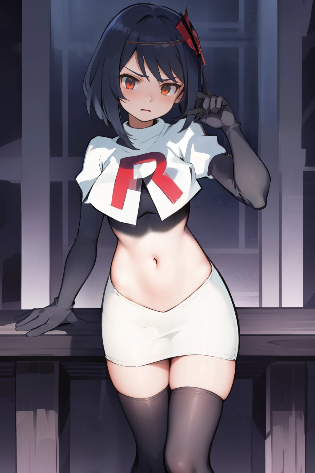 Kujou Sara Genshin, masterpiece, bestquality, 1girls, oversized breasts, head ornament,team rocket,team rocket uniform, red letter R, white skirt,white crop top,black thigh-highs,black elbow gloves