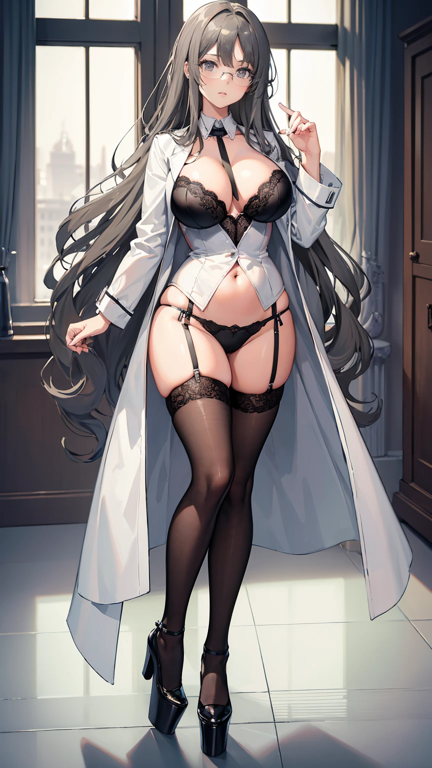 ((masterpiece, high resolution, best quality, best details, anime)), a woman standing in sexy lingerie and an open doctor's coat in a doctor's office, white coat, sexy lingerie, ((black stocking)), platform high heels, long hair, light gray hair, gray eyes with black outline, glasses, doctor's office landscape, curvy body,