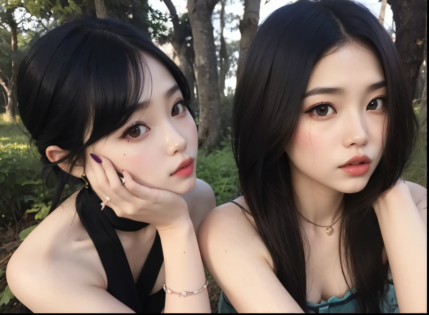 two asian women sitting next to each other in a forest, Ulzzang, com preto, fair and pale skin!!, nixeu e sakimichan, beautiful Gemini twins, rosa negra, kanliu666, com hera, Jinyoung Shin, they are pixivs and junji, imagem de perfil, ela tem cabelo preto com franja, with a twin