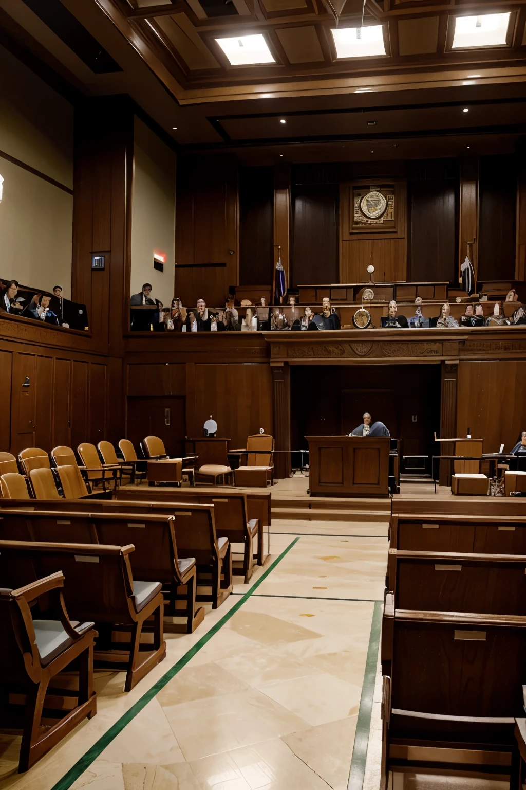 photorealistic, full courtroom seen from the front