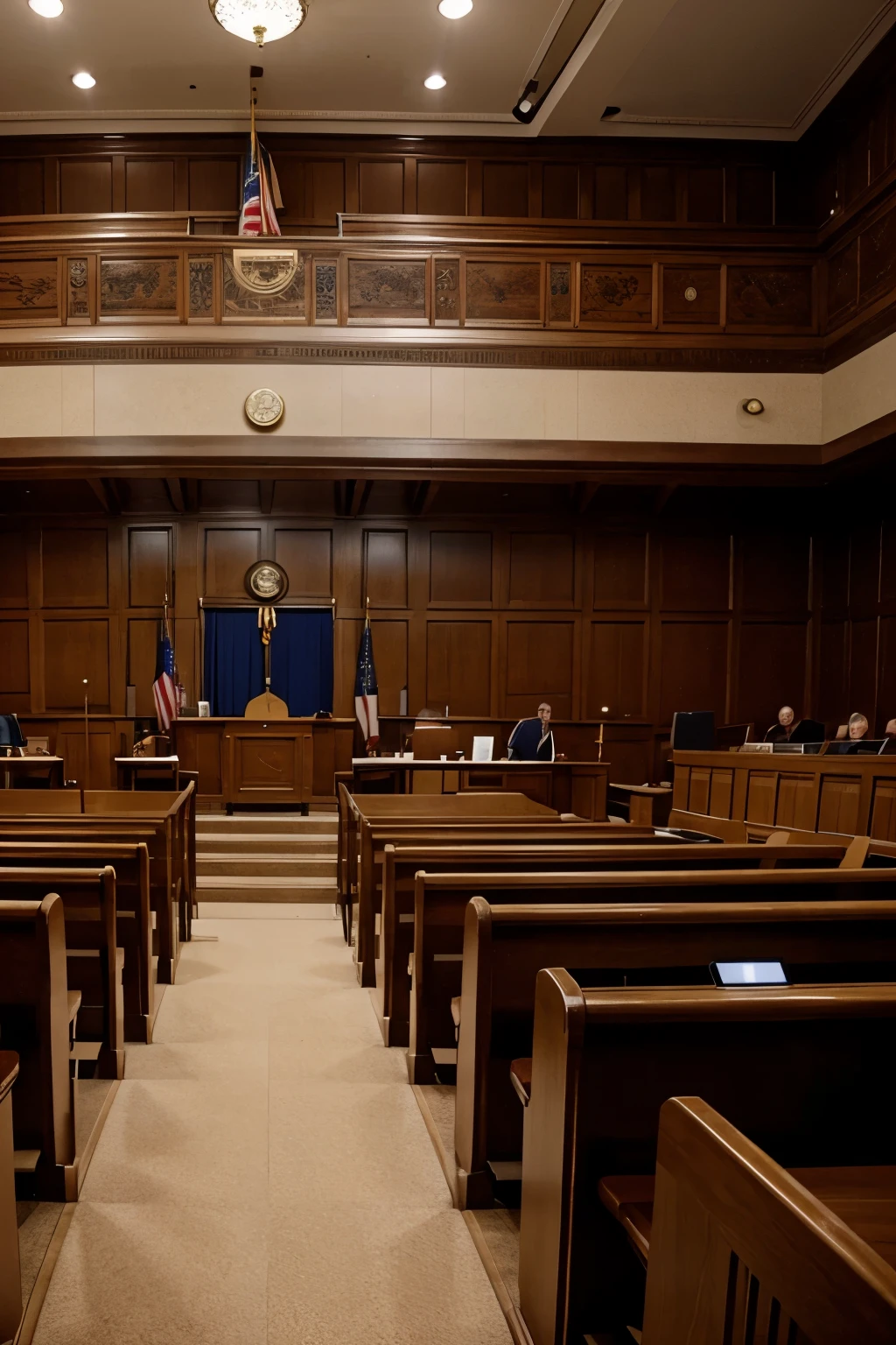 A photorealistic, full courtroom seen from the front