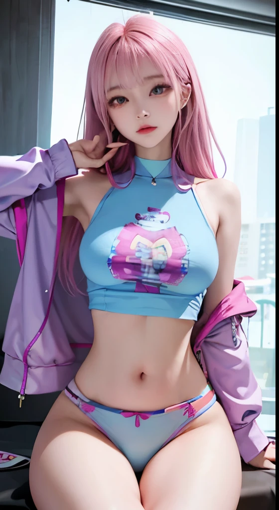 ((Masterpiece)), best quality, absurderes, ultra detailed, holographic, cowboy shot, super cute girl, mature girl, super beautiful asian girl with very beautiful violet glowing eyes, beautiful glowing white multicolored hair, nice and sexy body, slim body, perfect body, wearing super tight anime printed boxers, an anime printed super tight shirt, super aesthetic pink jacket, looking to a glowing mirror, seeing a different version of her from other universe