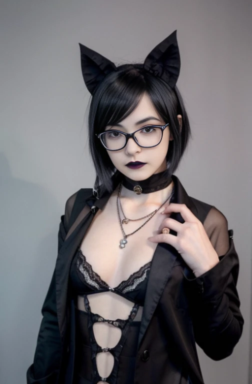 There's a woman with glasses and a chokehold with a necklace, obras de arte no estilo de guweiz, 1 7 - year - old anime goth girl, retrato estilo anime, retrato de rossdraws, portrait of a goth catgirl, estilo de realismo de anime, Ross Draws 1. 0, Ross Draws 2. 5, estilo anime semi-realista, goth girl