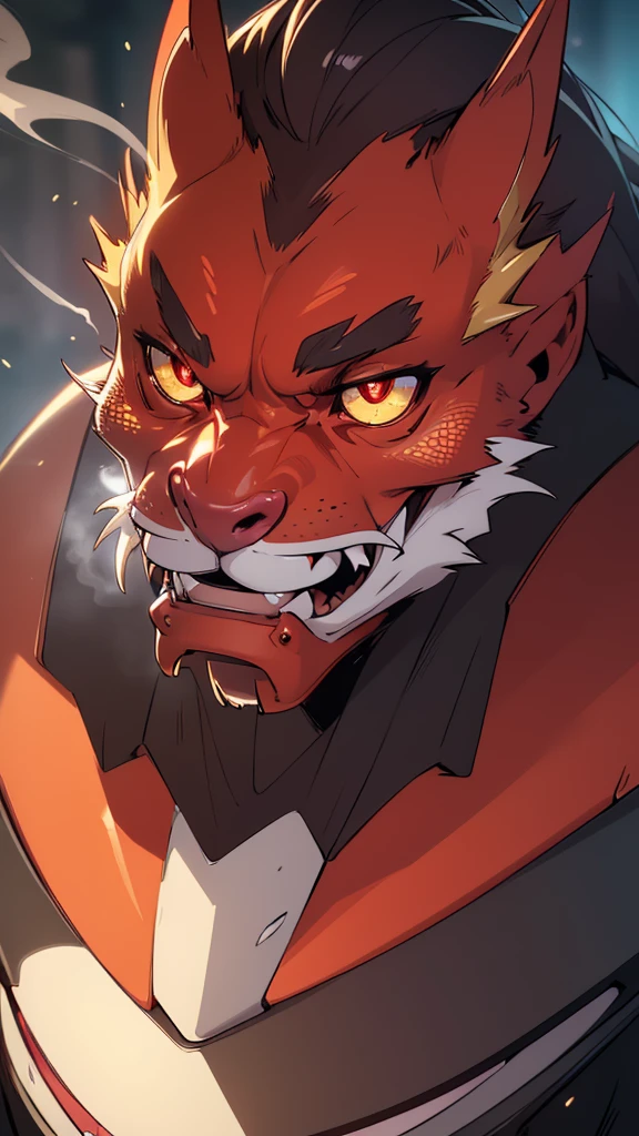 (best quality,highres,ultra-detailed,realistic:1.2),(HDR,UHD),(professional,vivid colors),(sharp focus),(bokeh)
mechanical-faced creature with shiny red eyes and a stern gaze, featuring a square chin with a golden jaw. The creature has a serious expression, emitting smoke from its open mouth, which reveals closed, thick, and white teeth.