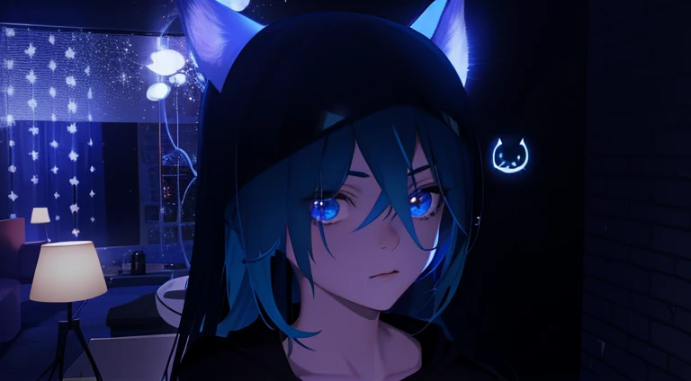 Anime girl with blue hair and black cat ears in a room., estilo animadod 3d, vrchat, Sad cerulean eyes, estilo animado. 8k, render de una linda chica anime 3d, Un azul ) and huge bat ears, con enormes ojos luminosos y tristes, con luces azules brillantes, chica anime con orejas de gato