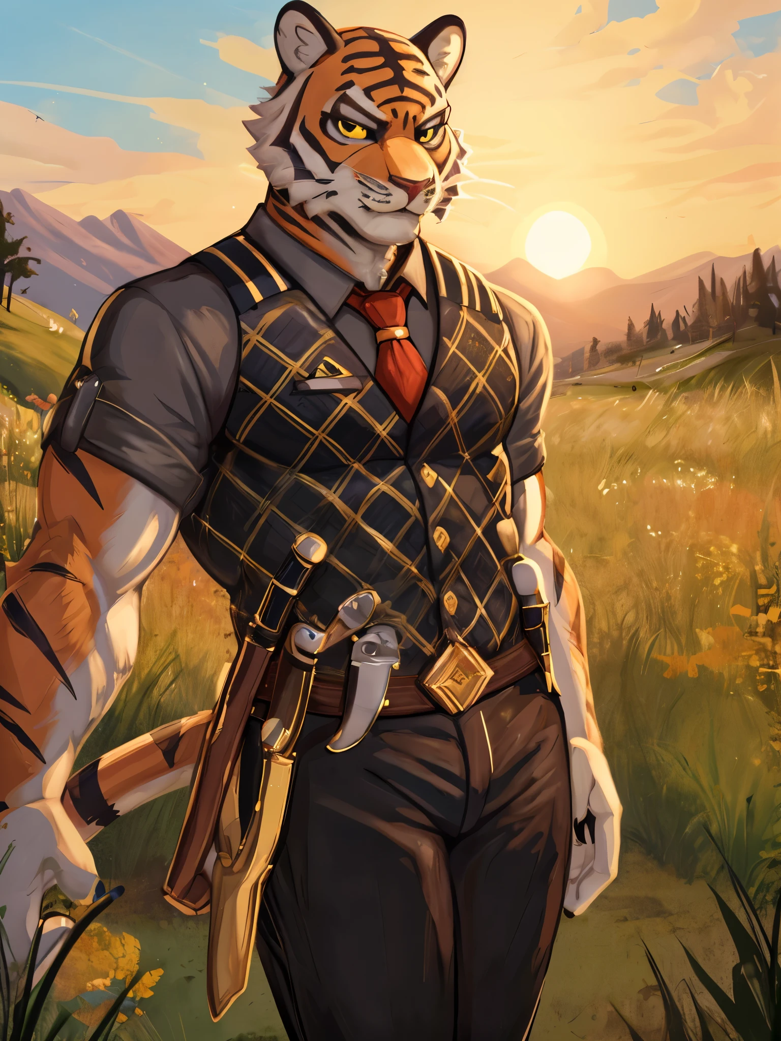 ((by Zackary911, by Zackary911, best quality, masterpiece, perfect anatomy, detailed picture)), 1male, Bengal Tiger, Oscar (Fortnite), skinny muscle, adult, yellow sclera, black eyes, orange furs, black stripes, tail, black vest, red tie, black pants, social shoes, in the in the woods field