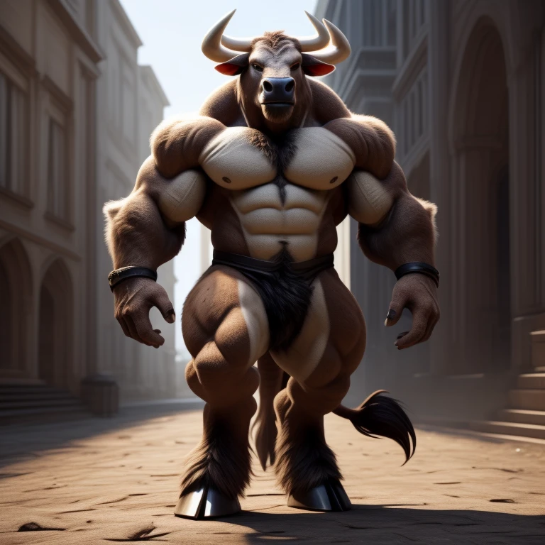 real e621, photorealistic, masterpiece, bull anthro, sharp green eyes, full body portrait, solo, masterpiece, anthro, male, medium-length horns, tan colored horns: 1.5, bovine tail: 1.2, muscled body, hooves, tan colored hooves: 1.5, hooved fingertips: 1.25, two-tone fur, detailed fur, brown and white furred body, black nose, stoic expression,