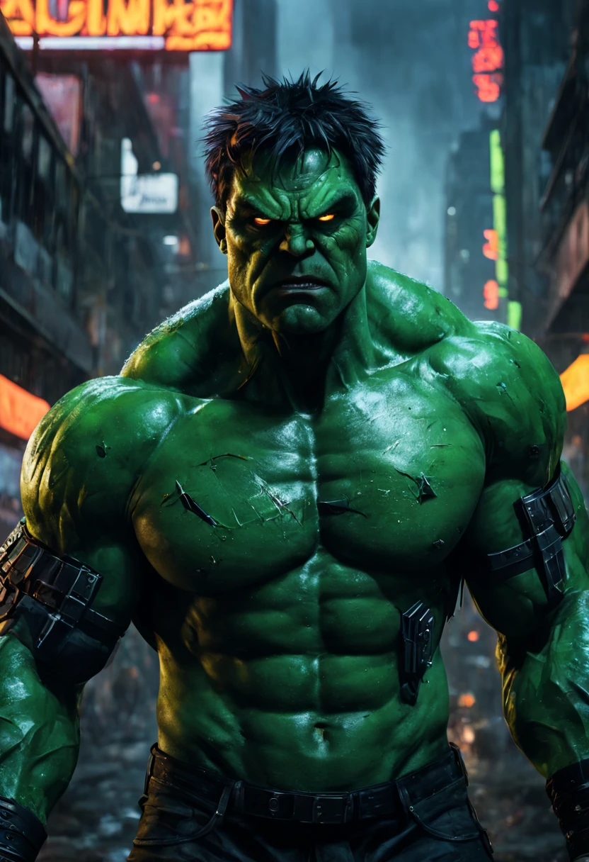 (best quality, highres, hyper-realistic:1.2),ultra-detailed,The Incredible Hulk wearing a cyberpunk outfit,neon lights,gritty cyberpunk cityscape,imposing presence,cybernetic enhancements,reflective visor,huge muscles,angry expression,powerful green skin,ripped clothing,destructive energy,electricity sparks,scrap metal debris,grimy alleyway,misty atmosphere,urban decay,glowing tattoos,alien technology weaponry,futuristic accessories,ominous dark clouds,hidden shadows,high-tech implants,fluorescent colors,action-packed scene,post-apocalyptic setting,heavy rain,smoke and steam,reflection on wet surfaces,energy aura,cybernetic augmentations,cyberpunk fashion,brutal force,imposing physique,cybernetic arm enhancements,highly detailed facial features,city lights illuminating the night,massive strength,highly texturized clothing,technological warfare