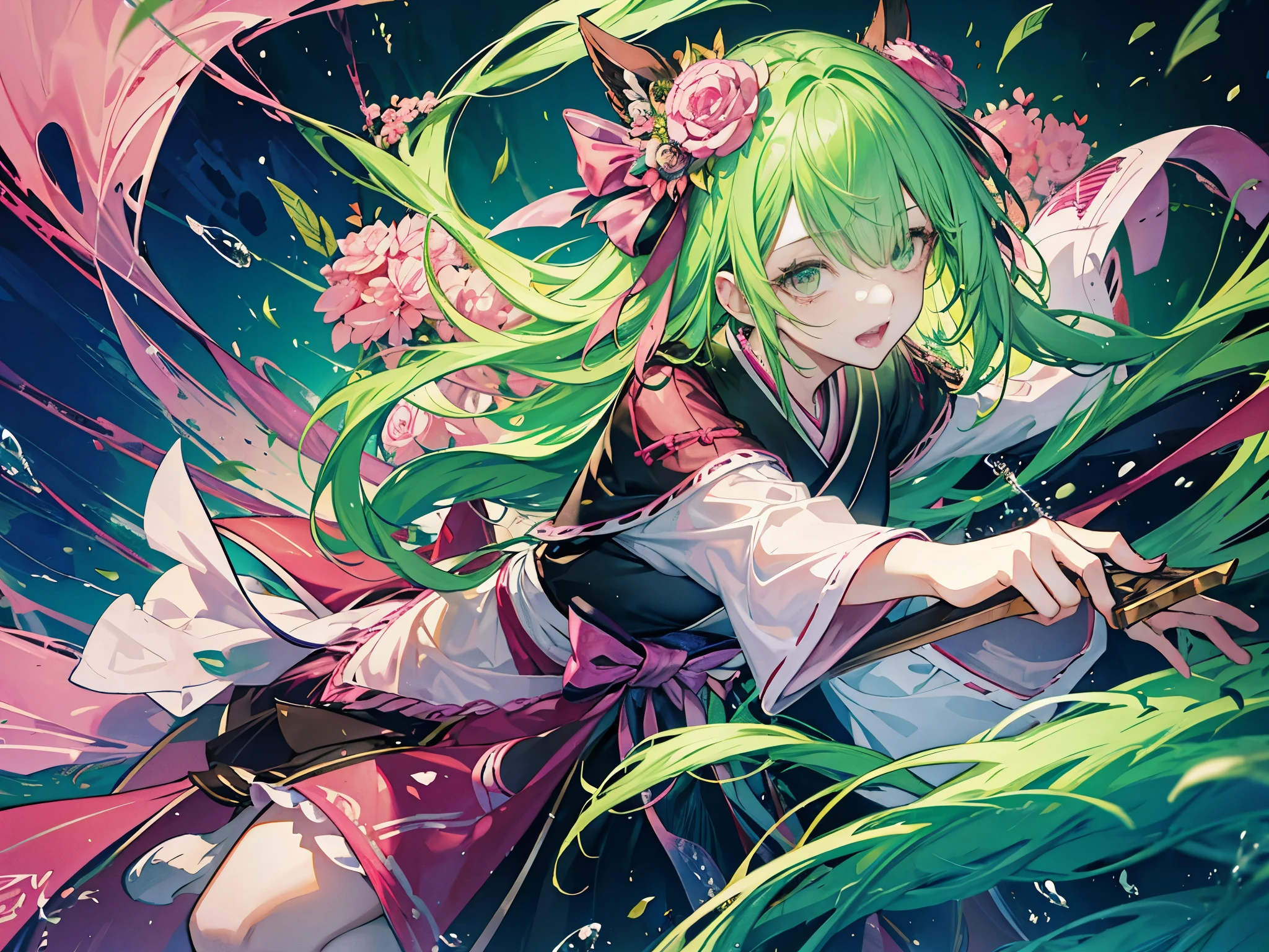 20th generation men、green hair(Splashing)、pink eyes、One eye is hidden by bangs、have a sword、Japanese clothing