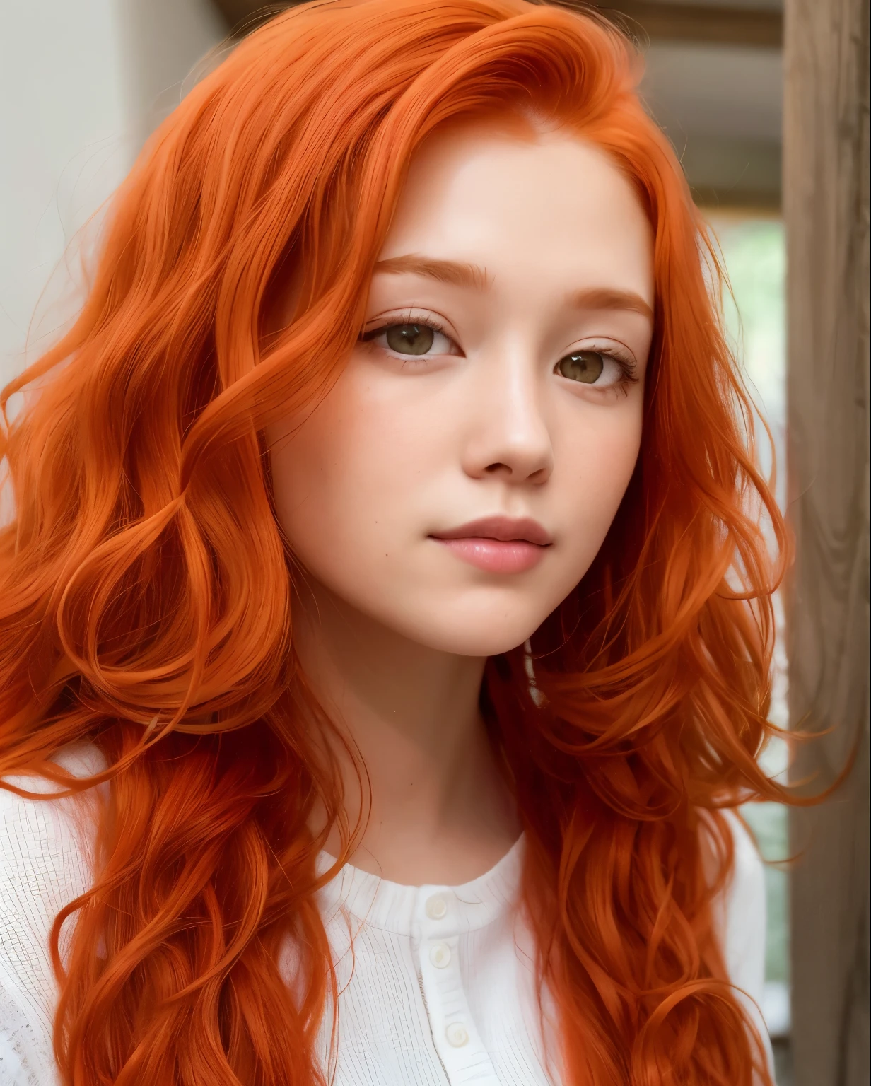 Potrait, Closeup, (close view 2) a close up of a woman with long red hair and a bra, flowing ginger hair, ginger wavy hair, orange skin and long fiery hair, long wavy orange hair, ginger hair, orange flowing hair, orange glowing hair, long orange hair, wavy big red hair, long ginger hair, orange hair, curly copper colored hair, wild ginger hair, medium long wavy ginger hair