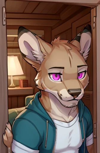 hobre pantera, furry, ojos verdes, vestimenta casual, llegando a casa, mirando su telefono