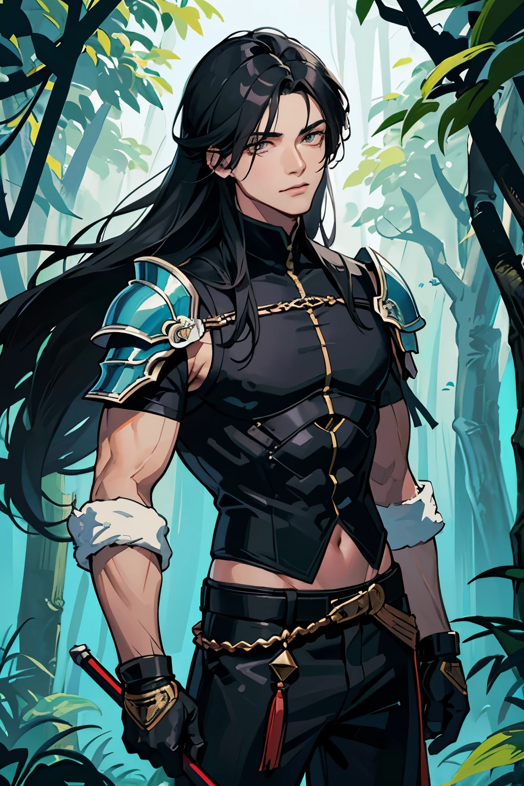 Young man of 1.65, (Black long hair swept up), (detailed eyes, shining eyes) , with a muscular and athletic body, (covered in scars), (monkey tail), (wearing armor on his torso that covered the area of his abdomen back and chest), (shoulder pads and white gloves and a short-sleeved second-skin shirt and wide black pants), (anime), (forest background)