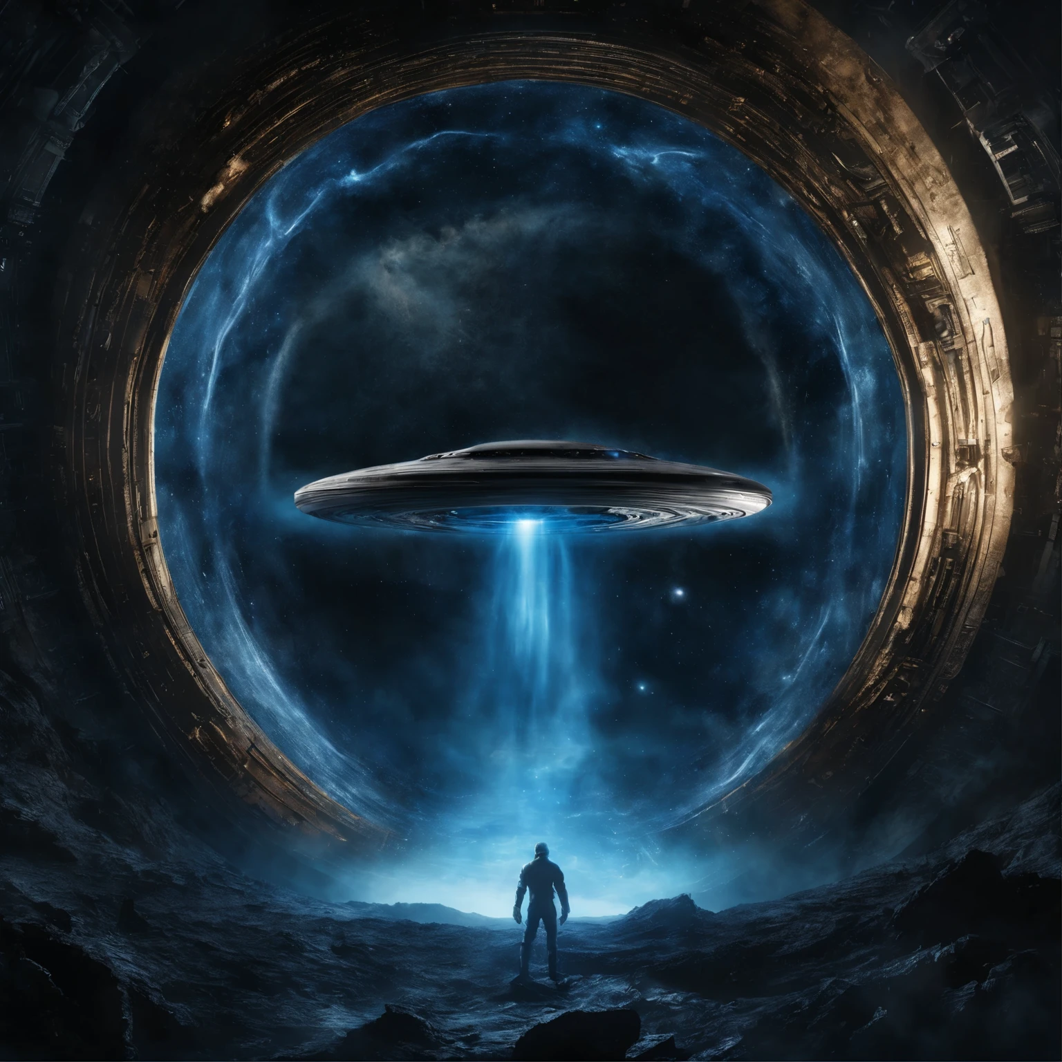 super detailed image of the giant gate ring (((in the deep space))), ((the entire space inside is filled with streams of blue plasma flowing from the ring to the center of the space inside):1.4), ((a flying saucer opposite that gate is preparing to pass through it):1.4), Milky Way, space, stars, ((no man, no surface, no ground):1.5), (Best Quality, 16K, Masterpiece, UHD, Ultra quality cinematic lighting, Huge detail, Well lit, sharp, hyper realistic, epic scale, insane level of details)