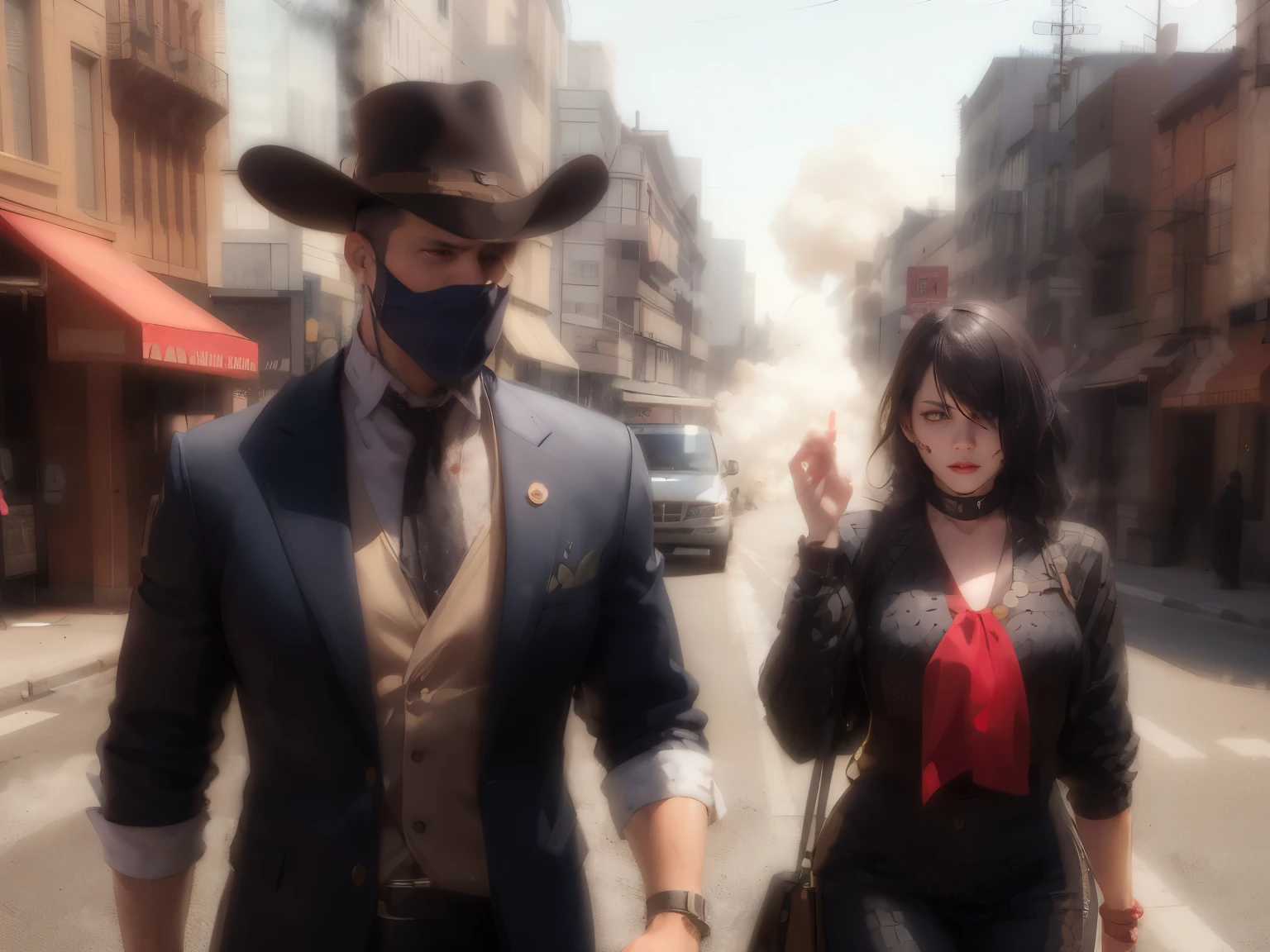 Men in a gangster bandana and a woman with a gangster bandana on her face,coming out of a smokescreen on a city street,Wild West,villain,smoke,dust,work of art,3D,4K,detailed,Realistic