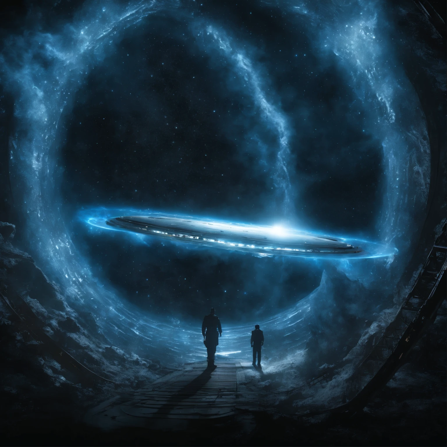 super detailed image of the giant gate ring (((in the deep space))), ((the entire space inside is filled with streams of blue plasma flowing from the ring to the center of the space inside):1.5), ((a flying saucer opposite that gate is preparing to pass through it):1.4), Milky Way, space, stars, ((no man, no surface, no ground):2), (Best Quality, 16K, Masterpiece, UHD, Ultra quality cinematic lighting, Huge detail, Well lit, sharp, hyper realistic, epic scale, insane level of details)