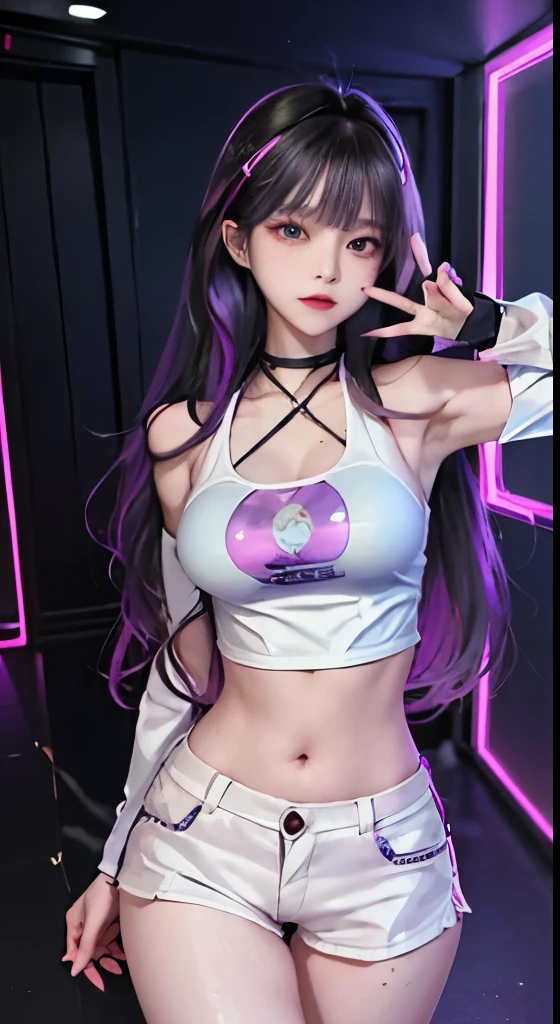 ((Masterpiece)), best quality, absurderes, ultra detailed, holographic, cowboy shot, super cute girl, mature girl, super beautiful asian girl with very beautiful violet glowing eyes, beautiful glowing white multicolored Black hair, nice and sexy body, slim body, perfect body, wearing super tight anime printed short razor pants, an anime printed super tight shirt, super aesthetic pink jacket, looking to a glowing mirror, seeing a different version of her from other universe, (下乳:1.8), 巨乳、光鱗の舞う、((ゲームセンター))
