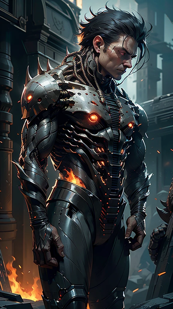 (best quality,4k,8k,highres,masterpiece:1.2),ultra-detailed,realistic,mechanical creature,alone,serious expression,closed fists,claws on hands,walking,lava scales on body,smoke coming out of mouth,furious,giant shoulders,steel body,fire sparks,red glowing eyes,nighttime,industrial setting,dark silhouette,strong posture,intense energy,ominous atmosphere,explosions in the background