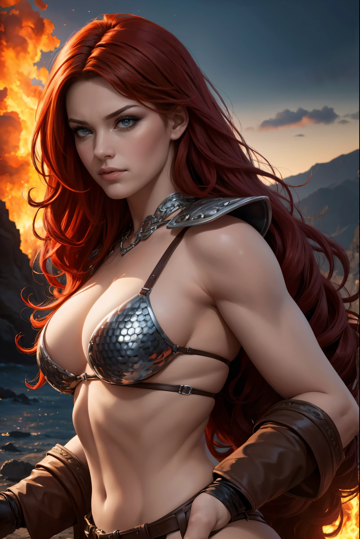 (best quality,4k,8k,highres,masterpiece:1.2),ultra-detailed,(realistic,photorealistic,photo-realistic:1.37),red-haired(lady) warrior,(fierce,tough,strong),mesmerizing eyes,bold makeup,seductive expression,elaborate armor,glistening chainmail attire,dramatic lighting,fiery background,majestic pose,gorgeous features,stylized hair,sharp focus,vibrant colors,professional,high contrast,dominant red color,concept artist,portrait.