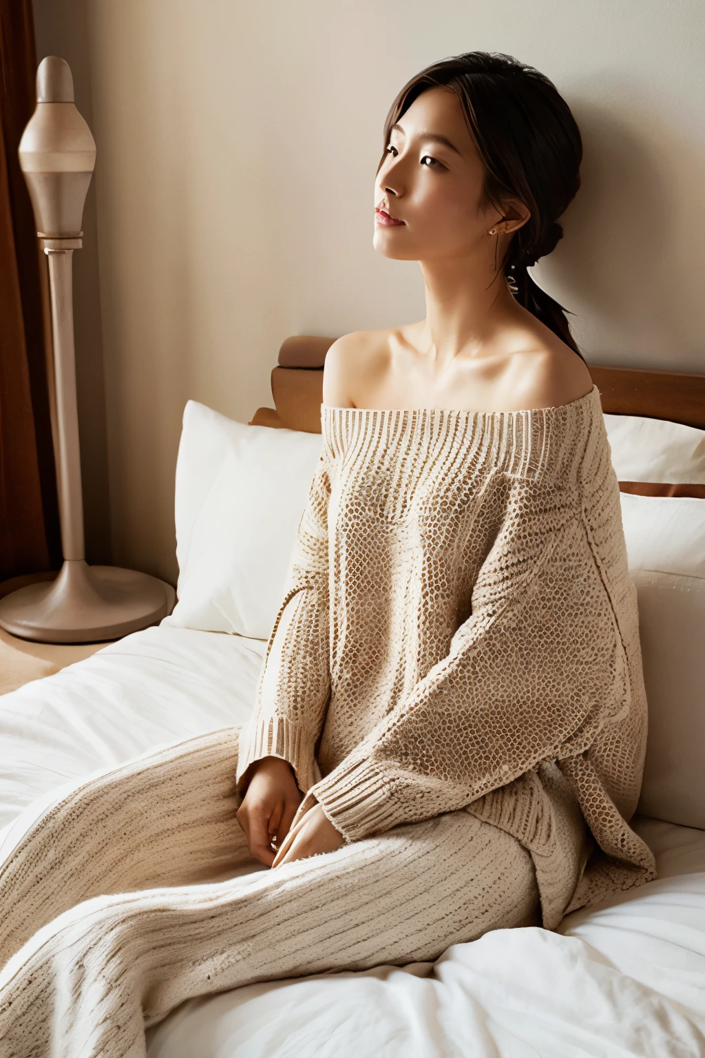 sitting on the bed、She is wearing knitwear from a top-down angle.、Woman wearing nothing