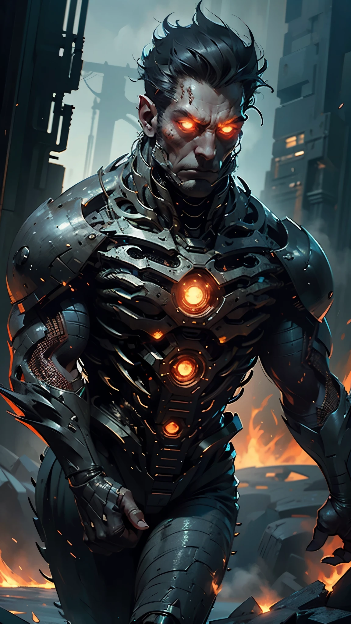 (best quality,4k,8k,highres,masterpiece:1.2),ultra-detailed,realistic,mechanical creature,alone,serious expression,closed fists,claws on hands,walking,lava scales on body,smoke coming out of mouth,furious,giant shoulders,steel body,fire sparks,red glowing eyes,nighttime,industrial setting,dark silhouette,strong posture,intense energy,ominous atmosphere,explosions in the background