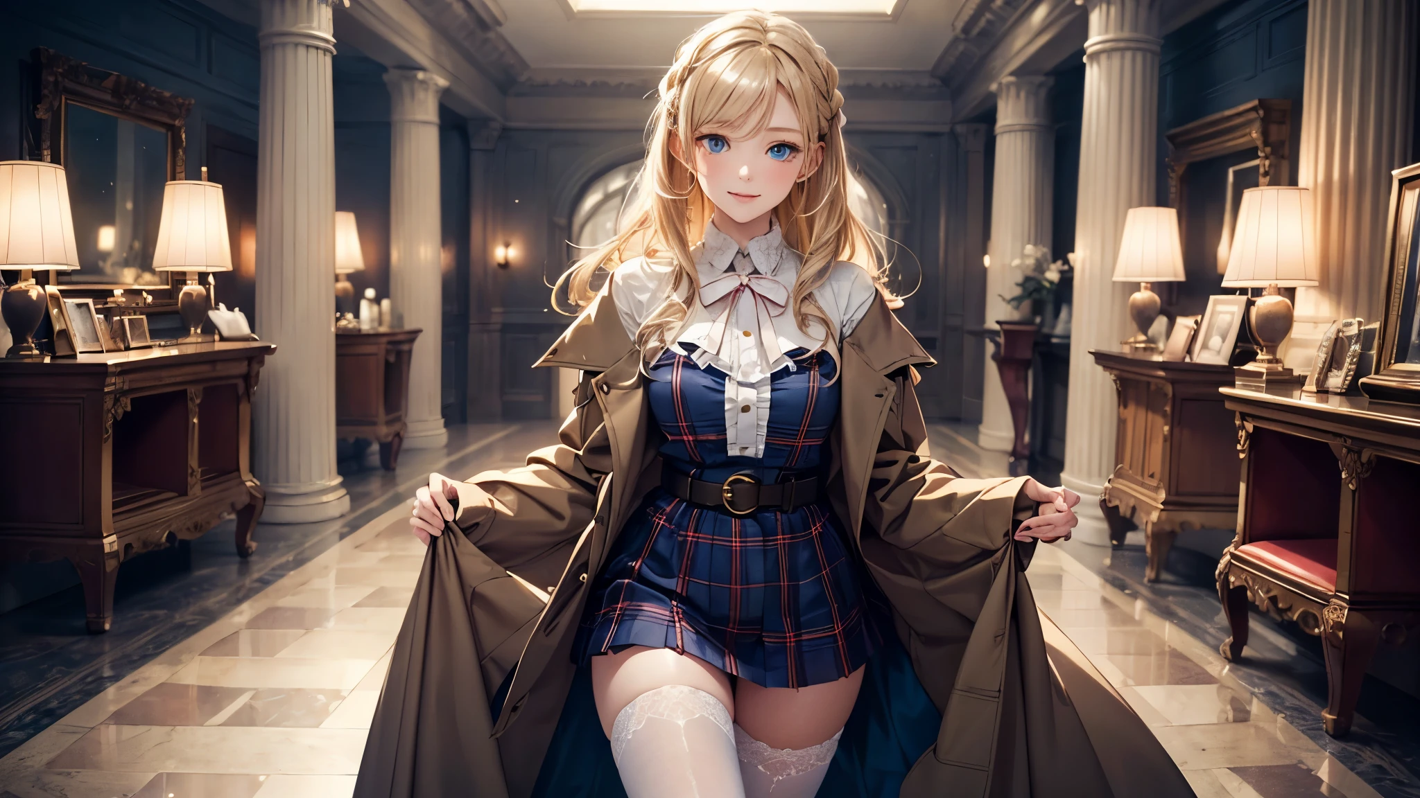 (​masterpiece),(top-quality:1.2),1girl in, (photo of a girl in full length), short skirt, white stockings, white stockings with garterbelt, slight teasing smile, (masuter piece:1.3),exquisitedetails, Highest quality 8K resolution, Ultra-detailed, Realistic, Vibrant colors, Soft tones, With warm and gentle lighting, (Preet Pink Ruffled Ribbon Dress,) Brown long coat, Beautiful plaid scarf, early evening, (Smooth straight blonde hair:1.2),(Hair parted in the middle:1.3),(Glowing hair),(Dark deep blue eyes:1.3),White skin, hair clips,Overflowing soft and gentle feelings, Warm golden glow,The atmosphere is full of happiness, Sticking to ultra-detailed depictions and vivid colors, In a style that blends romanticism and realism、You can feel the depth of love,color palettes,Create an ethereal atmosphere like a dream, and the lighting is soft and diffused, The artwork is a masterpiece,