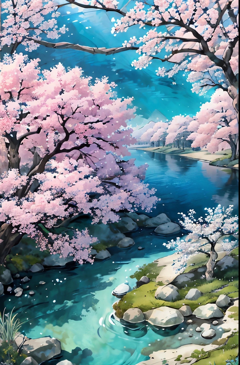 (masterpiece, best quality, high details, extremely detailed) peacefull serenity place, with sakura trees, river cristal clear water, flowers, plants, landscape of calm and relaxing moment