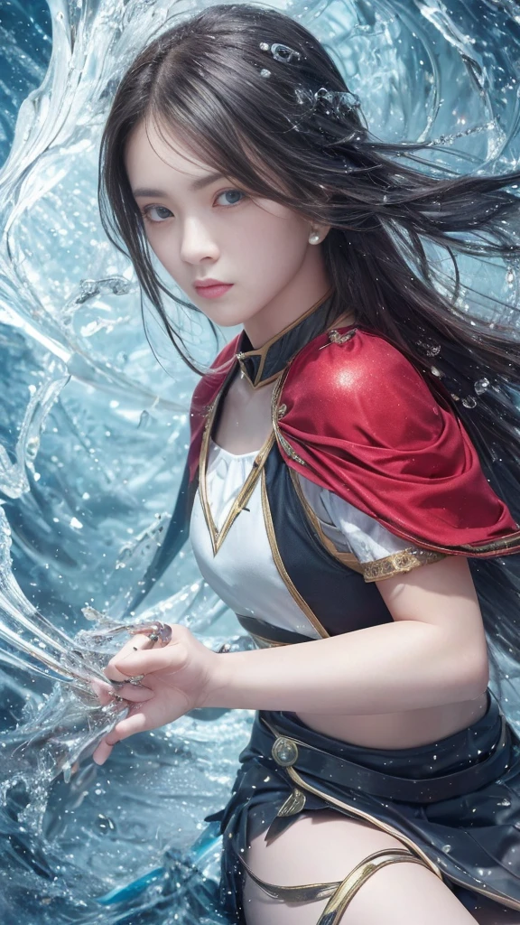 32,000,complicated,Wow,very detailed,majestueux,digital photography,fall cowboy shot,surrealistic painting,Broken Ruby,Beating the magic,Tangled Magic of Water,(masterpiece,cinematic light,Fair and beautiful eyes:1.2),hdr,Void 5 Energy Storm,(china 1 girl,black eye:1.5),pale skin,glowing skin,(Sitting on a stone:1.5),delicate face,black hair,Dressed in palatial red armor,cropped shoulder,navel,short skirt,beautiful light blue armor,It's raining,big breasts are beautiful,looking at viewer,Take your face off the camera.,masterpiece,side upper body,Side portrait close-up