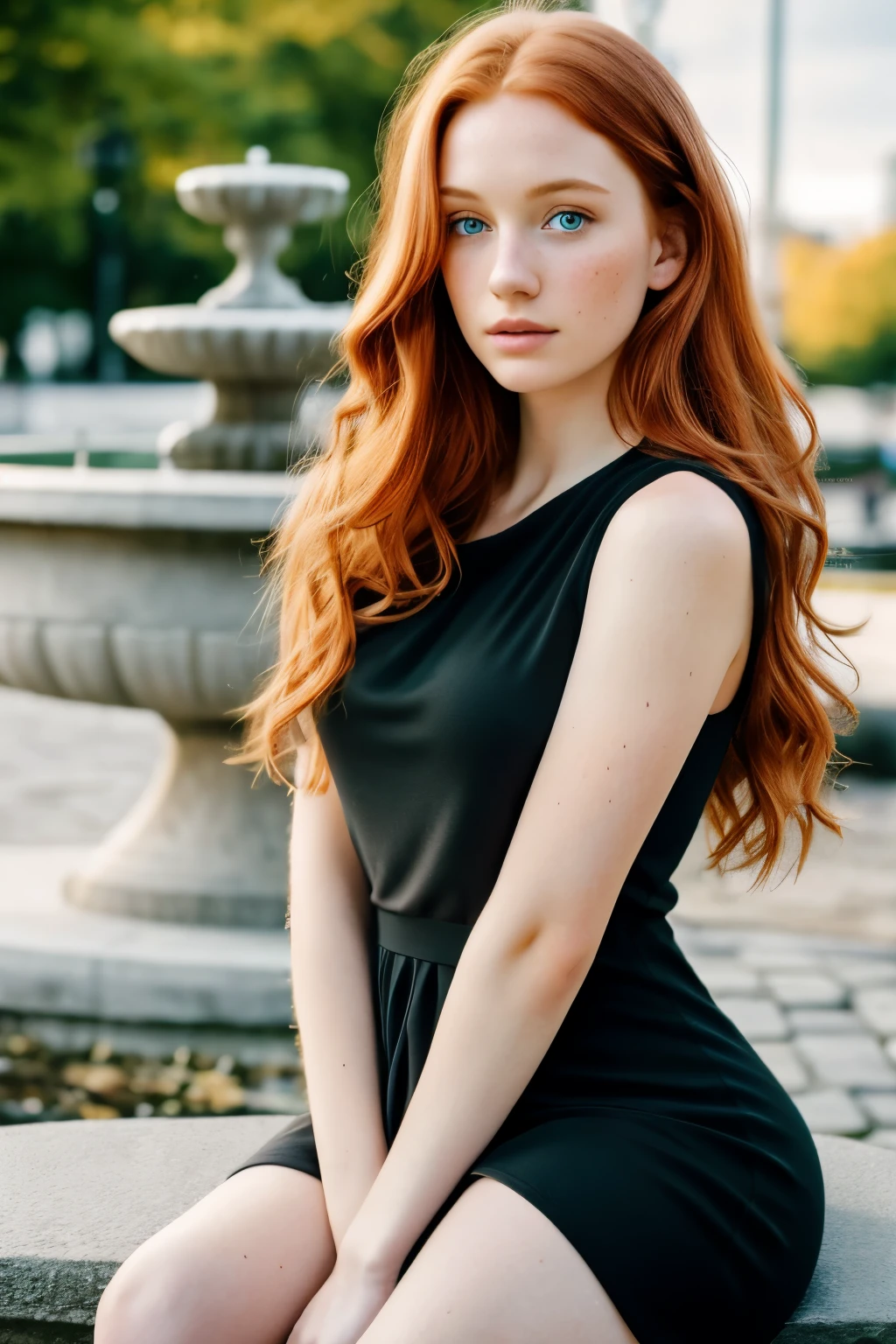 1girl in, age19, Solo, Aesthetic artwork, irish redhead, wavy ginger hair, shoulder length ginger hair, gray eyes, light grey eyes, some small freckles, pale skin, A-cup, medium breasts, runners body, detailed skin texture, sitting on stone bench, by city fountain, downtown, park, (extremely detailed 8k wallpaper), soft lighting, high quality, film grain, Fujifilm XT3 sharp focus, f 5.6, 50mm, High Detail, Sharp focus,(natural light), black dress deep decolte , crazy details, complex details, hyper detailed