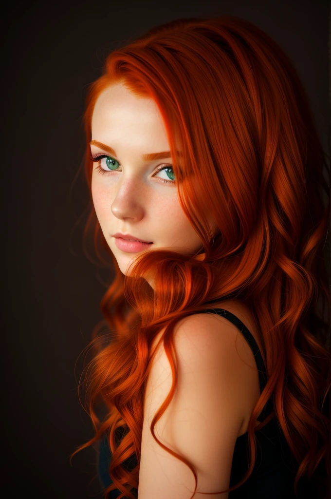 Da ist eine Frau mit roten Haaren und einem schwarzen Kleid, with red hair and green eyes, red-haired girl, cute young red-haired girl, red-haired girl, roter Kopf, portrait of a red-haired girl, mit lockigen roten Haaren, beautiful young model, beautiful portrait lighting, sie ist rothaarig, Girl with red hair, eine rothaarige junge Frau, flowing reddish-brown hair, red-haired goddess