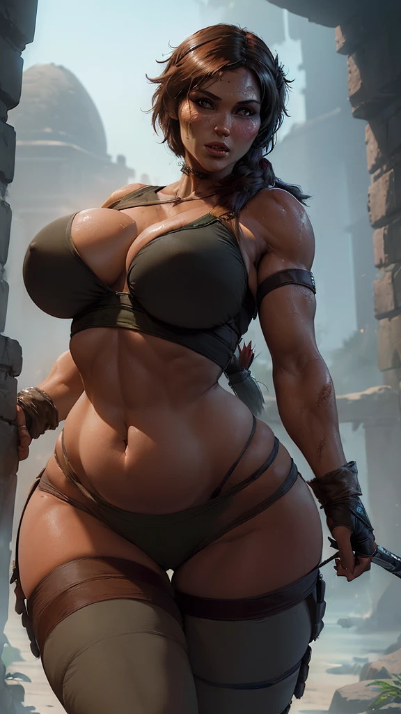 Image of a stunningly beautiful woman, front view, ((((hot image to Lara croft from Rise of the tomb raider wearing a belly dancer outfit)))), beautiful fantasy background, she is stunningly gorgeous, her nose is beautiful and sharp, she has a perfect jawline, she has a beautiful makeup)))), (((huge breasts))), (((huge hips))), (detailed face:1.2), (detailed eyes:1.2), (detailed background), (((huge body))), (((((huge hips))))), ((slightly far from shot))