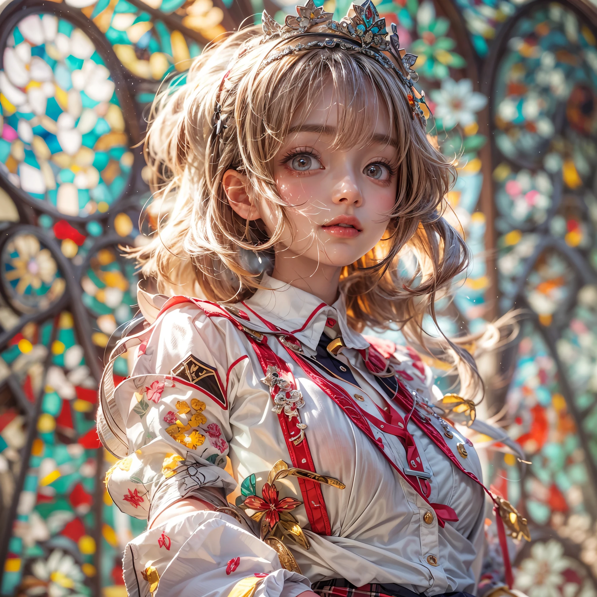 (NSFW:-0.98) . White and Red, (Dazzling colorful light pours down and reflects:1.2), (Physically-based Rendering with incredible detailed Textures), Award-winning Masterpiece of professional Analogue photograpy, { (((Photorealistic:1.37))) | (Hasselblad with F2.8) }, (((Acutance:0.99, Dynamic- Closeup:1.37), { from below | from side } )) . (KAWAII girls in (school uniform)) with visible Overflowing Cleavage and Navel without bra . (((Extremely detailed KAWAII face variations)) with joyful expressions), { Glossy cute Lips Closeup | Detailed natural eyes with sparkling highlights and long eyelashes | Rosy cheeks | Navel | (pretty Ass) | (Overflowing underboob) | Oiled ivory skin Details | White panties with (blood seeping only in crotch area) | ((full of Flowers covering girl's body:1.15)) | (((Dazzling colorful stained glass with stunning elaborate details:1.2))) | Mystic sight | A Halo ling in the air | God rays | Haze | Lens flare } . Ultra-detailed, (Exposed:0.8), (((Nipple:-0.9))) .
