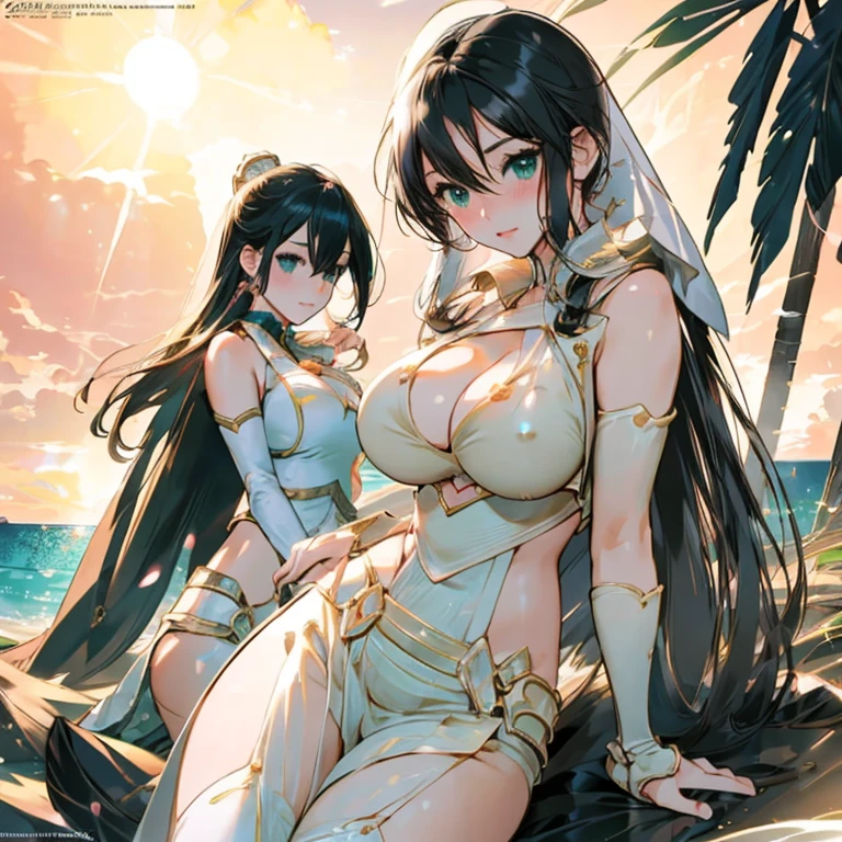Three beautiful fair-skinned women in bikinis pose for a group photo on the beach, seductive anime girls, beautiful and seductive anime woman, Guviz-style artwork, Perfect black haired girl, Guviz, Beautiful anime girl, ross tran. scenery background, in beach, Beautiful anime woman, trending on artstation pixiv, Extremely detailed Artgerm, Beautiful anime beauty，Extra-large ，Blush，Perfect body slim curves，8K romantic art photos，