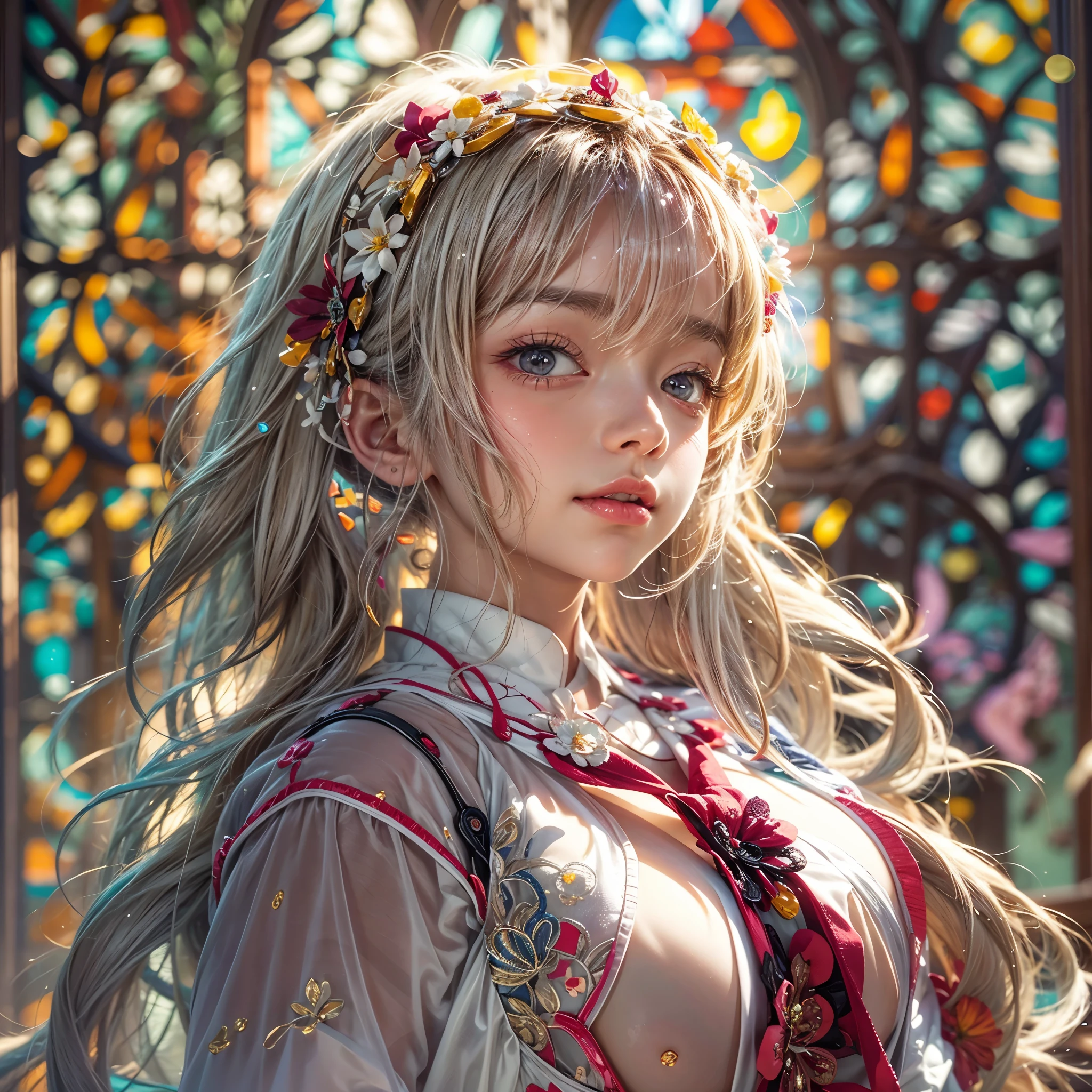 (NSFW:-0.98) . White and Red, (Dazzling colorful light pours down and reflects:1.2), (Physically-based Rendering with incredible detailed Textures), Award-winning Masterpiece of professional Analogue photograpy, { (((Photorealistic:1.37))) | (Hasselblad with F2.8) }, (((Acutance:0.99, Dynamic- Closeup:1.37), { from below | from side } )) . (KAWAII girls in (school uniform)) with visible Overflowing Cleavage and Navel without bra . (((Extremely detailed KAWAII face variations)) with joyful expressions), { Glossy cute Lips Closeup | Detailed natural eyes with sparkling highlights and long eyelashes | Rosy cheeks | Navel | (pretty Ass) | (Overflowing underboob) | Oiled ivory skin Details | White panties with (blood seeping only in crotch area) | ((full of Flowers covering girl's body:1.15)) | (((Dazzling colorful stained glass with stunning elaborate details:1.2))) | Mystic sight | A Halo ling in the air | God rays | Haze | Lens flare | Lens Ghost | Luminescent particles | Halation } . Ultra-detailed, (Exposed:0.8), (((Nipple:-0.9))) .