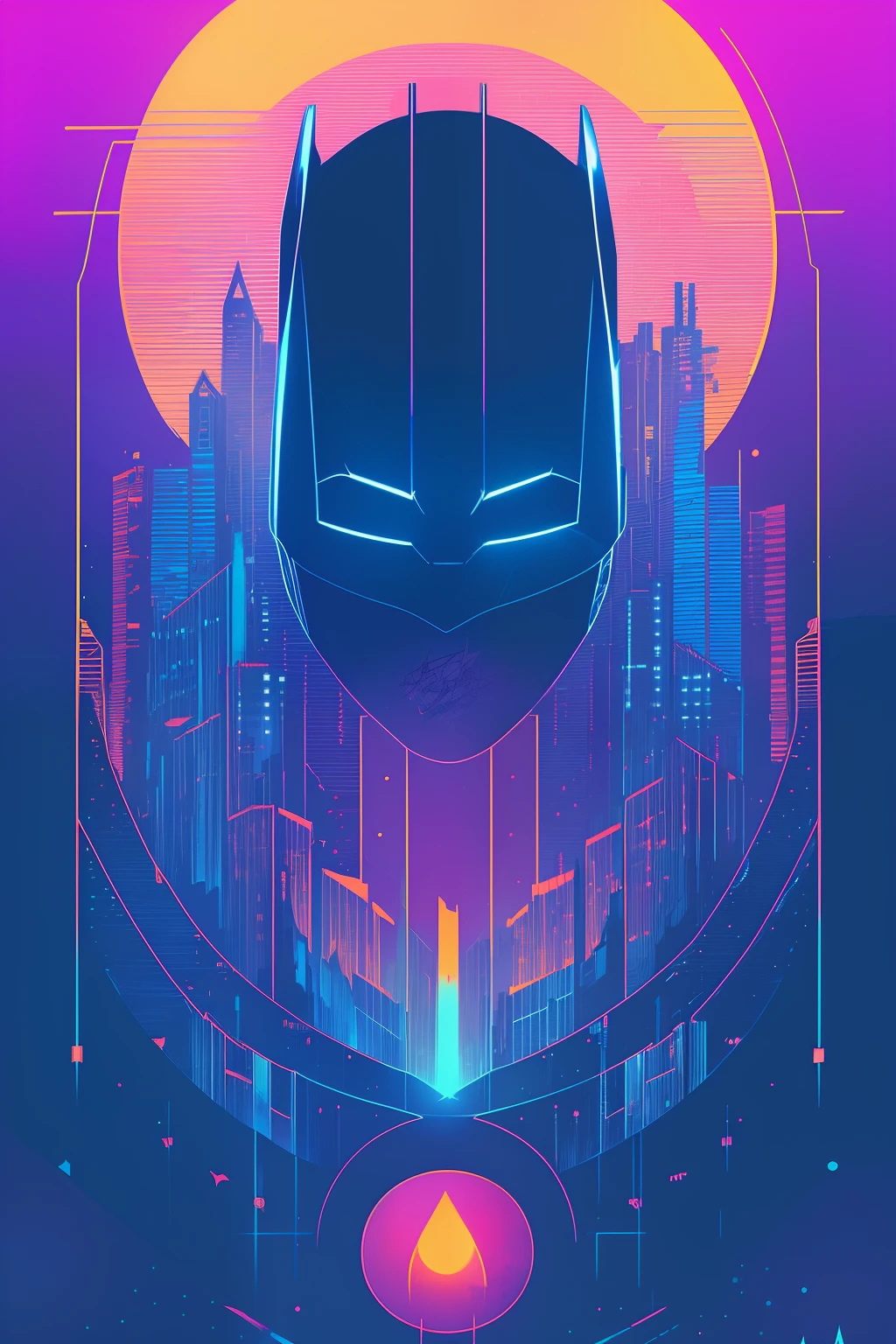 (nvinkpunk:1.2) (snthwve style:0.8) batman, fantasy, lightwave, sunset, intricate, highly detailed, symmetrical, batman head stencil, flowing cape, symmetry
