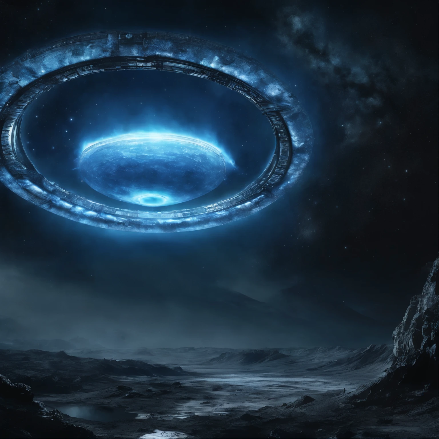 super detailed image of the giant stargate ring (((in the deep space))), ((no man, no ground, no planet surface, only open space!):1.5), ((the entire space inside is filled with streams of blue plasma flowing from the ring to the center of the space inside):1.5), ((a flying saucer opposite that gate is preparing to pass through it):1.4), Milky Way, space, stars, (Best Quality, 16K, Masterpiece, UHD, Ultra quality cinematic lighting, Huge detail, Well lit, sharp, hyper realistic, epic scale, insane level of details)