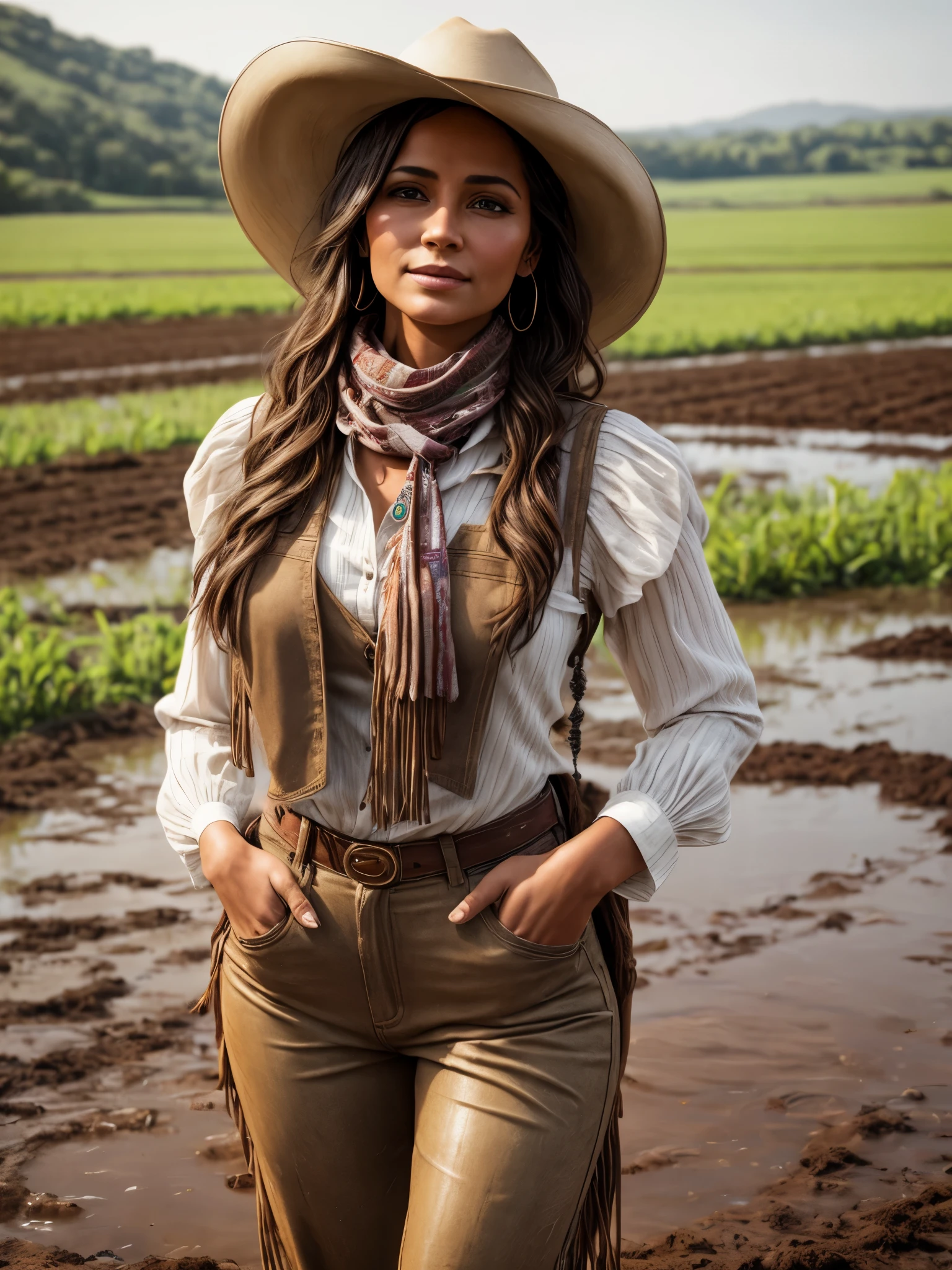 portrait of beautiful women in muddy farm:1.2 , cowboy hat, fringed waistcoat , trousers, scarf , confidence