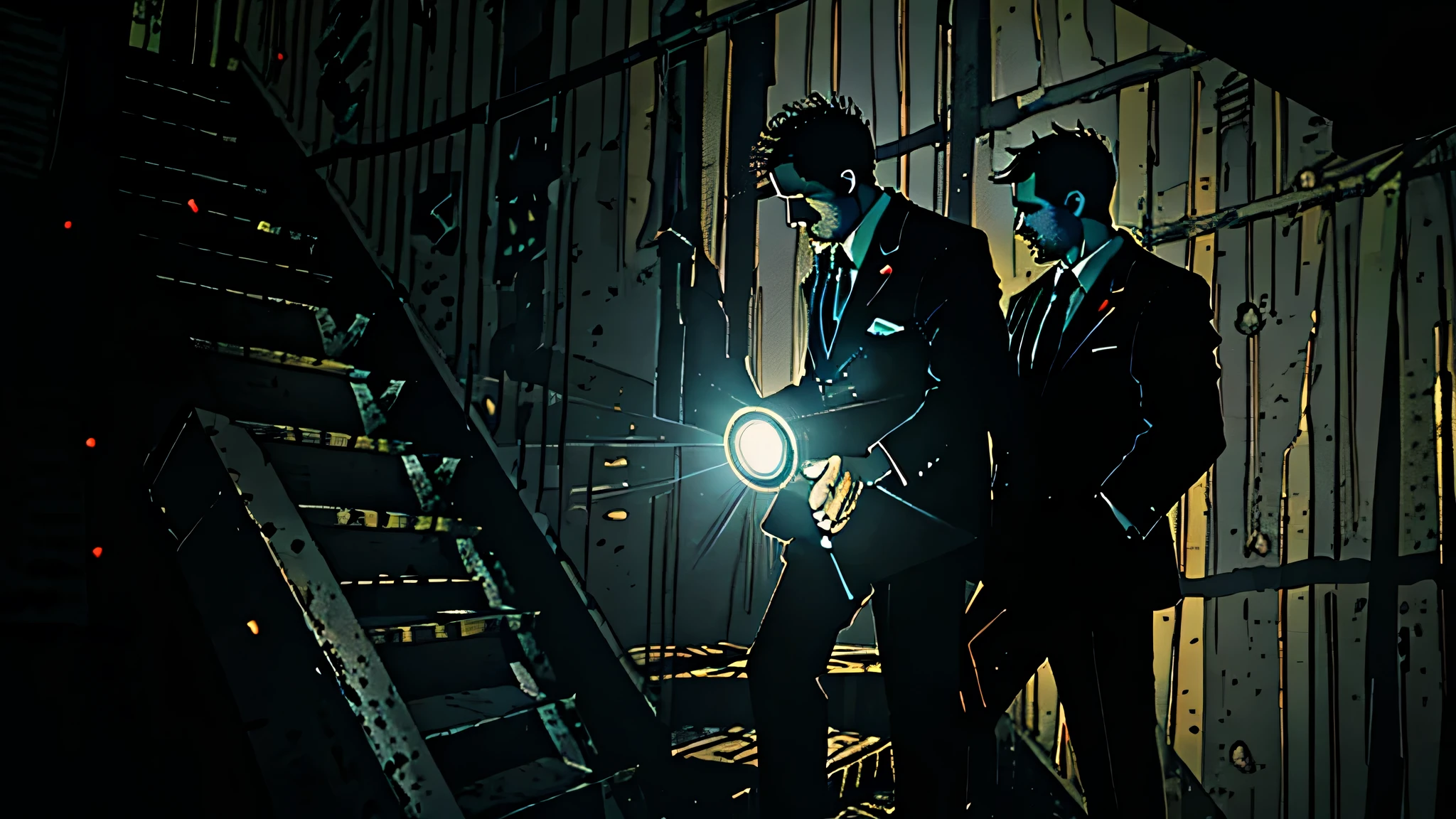 Image depicting two men in suits with a flashlight in their hands descending a staircase in a very dark basement. Minimal lighting only highlights shadowy details, accentuating the feeling of desolation and mystery. The scene must convey a tense and unpleasant atmosphere.