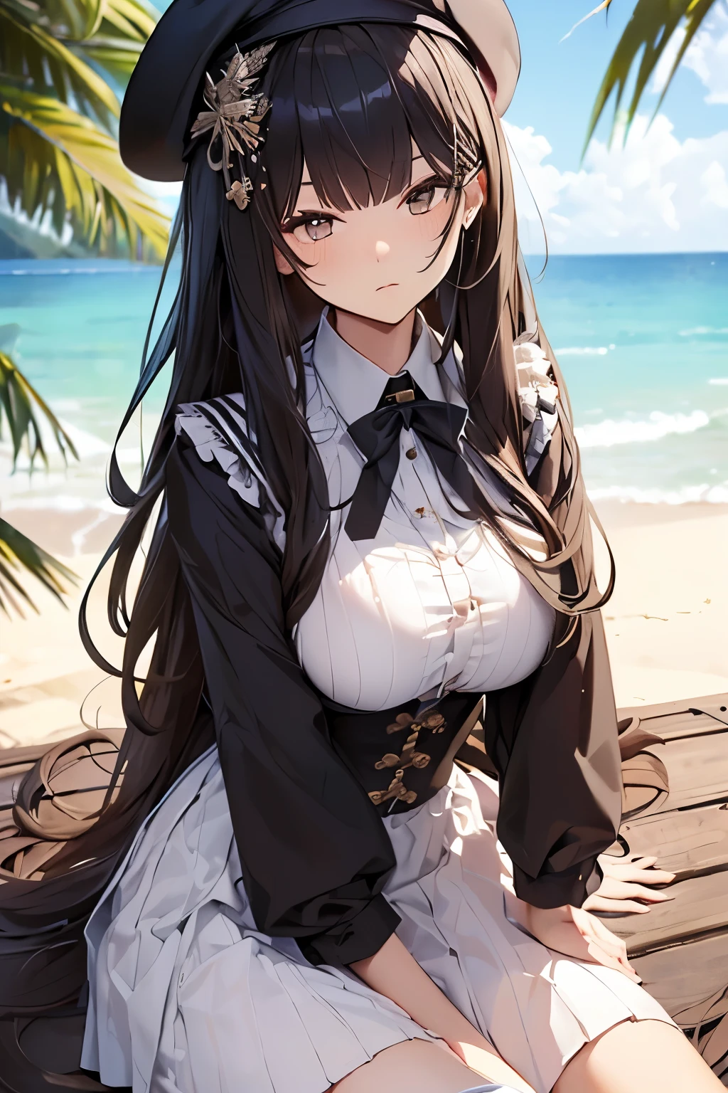 (masterpiece:1.3), (best quality:1.3), (ultra-detailed), (high quality:1.3), (high resolution), beautiful_detailed_face, 1girl, solo, beret, black hair, long straight hair, hairclip, large breast, white collared shirt, black underbust, white long skirt, brown eyes, beach