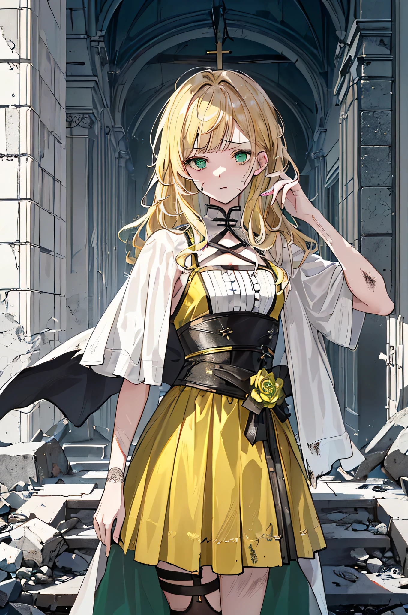((((dramatic)))、(((Rough feeling)))、(((strong))),wearing a costume、He had a determined look on his face..。bright green eyes,blonde hair,holy costume,((1 girl)),holy,
