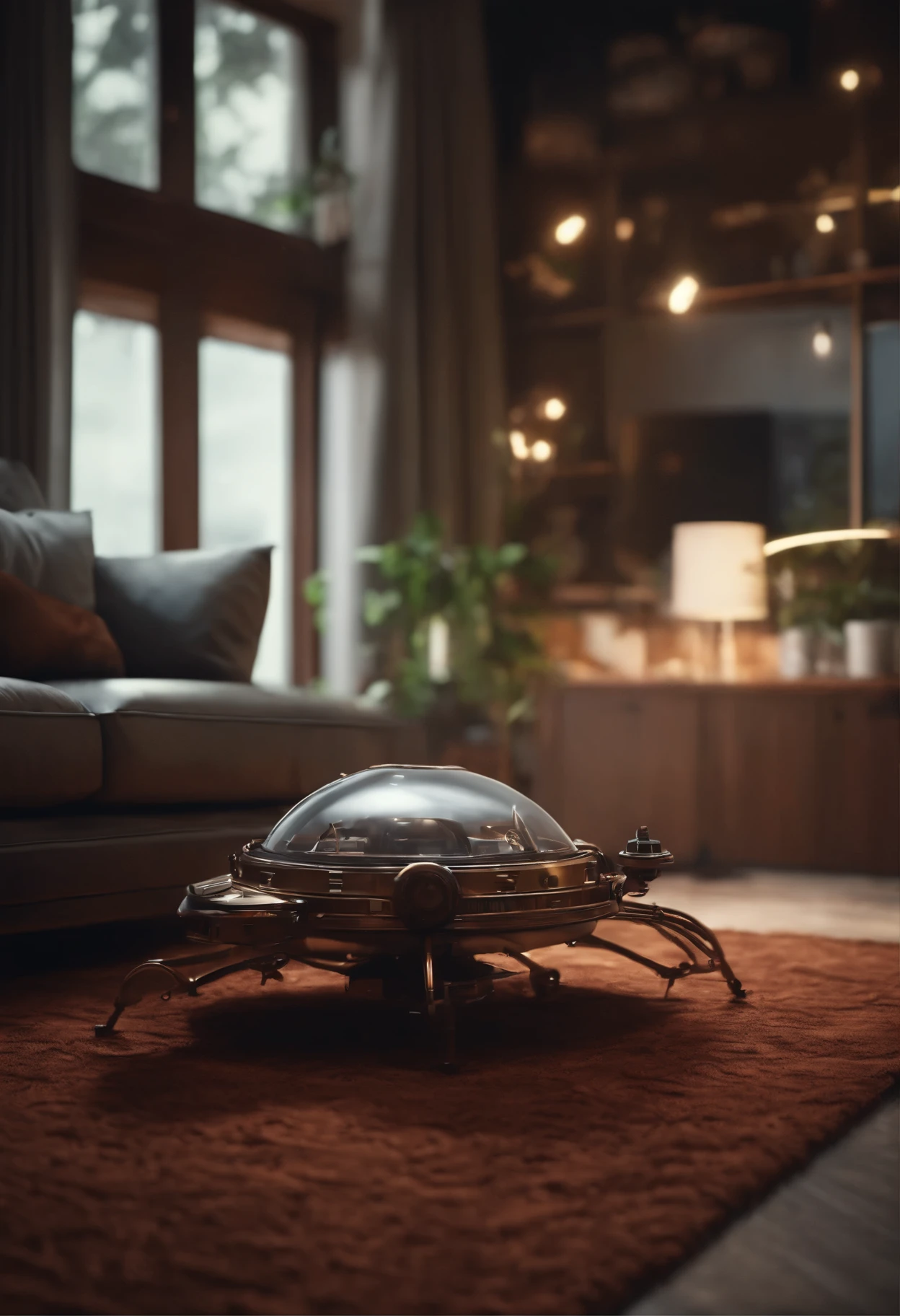 one organic steampunk mechanical scifi ufo sitting on the floor of modern over planted living room with carpet, modern interior, High quality photo, ultra high res, (photorealistic:1.4), cinema lighting, insanely detailed, hyper realistic, fine details, octane render