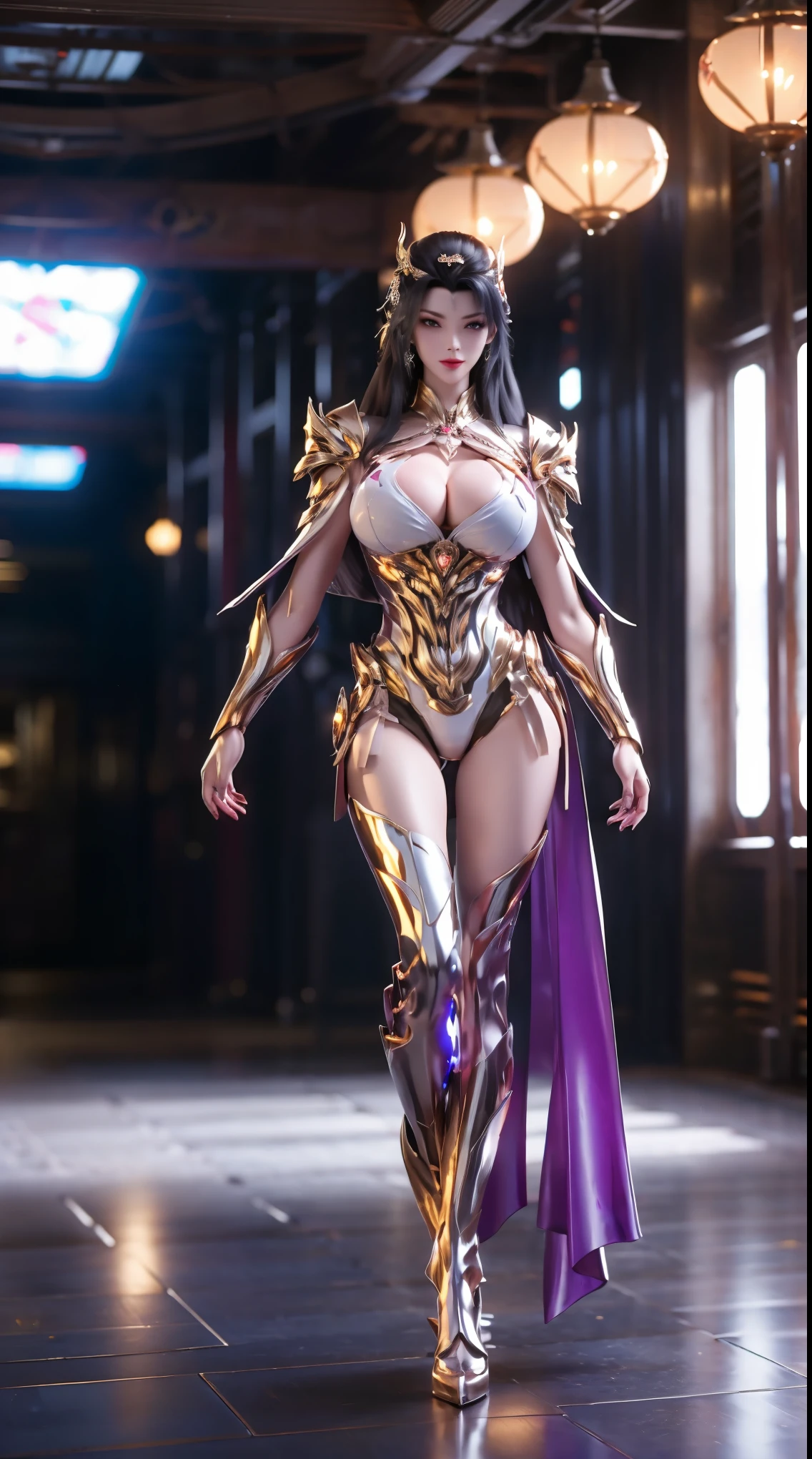 (1GIRL, SOLO), (ssmile, makeup, beautifull eyes, red libs, black hair, phoenix mecha helm), (BIG BUTTOCKS, HUGE BOOBS:1.4), (PHOENIX MECHA GUARD ARM, GLOVES:1.3), (white, purple, gold,a MECHA CYBER SHINY ARMORED SUIT, ROYAL CAPE, CLEAVAGE, MECHA SKINTIGHT HOTPANTS, GUARD ARMOR LEGS, HIGH HEELS:1.4), (MUSCULAR BODY, SEXY LONG LEGS, FULL BODY:1.5), (MUSCLE ABS:1.2), (LOOKING AT VIEWER:1.3), (WALKING DOWN HALLWAY OF FUTURISTIC SPACE STATION, BRIGHT LIGHTING IN THE ROOM:1.3), PHYSICALLY-BASED RENDERING, ULTRA HIGHT DEFINITION, 16K, 1080P.