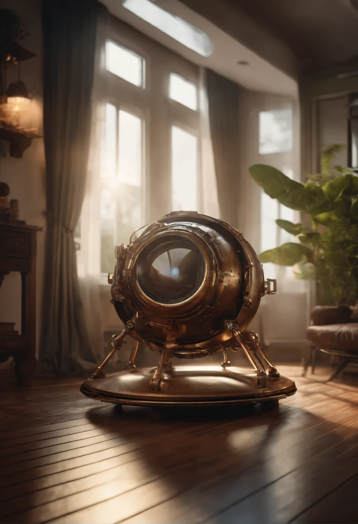 one organic steampunk mechanical scifi ufo sitting on the floor of modern over planted living room with carpet, modern interior, High quality photo, ultra high res, (photorealistic:1.4), cinema lighting, insanely detailed, hyper realistic, fine details, octane render