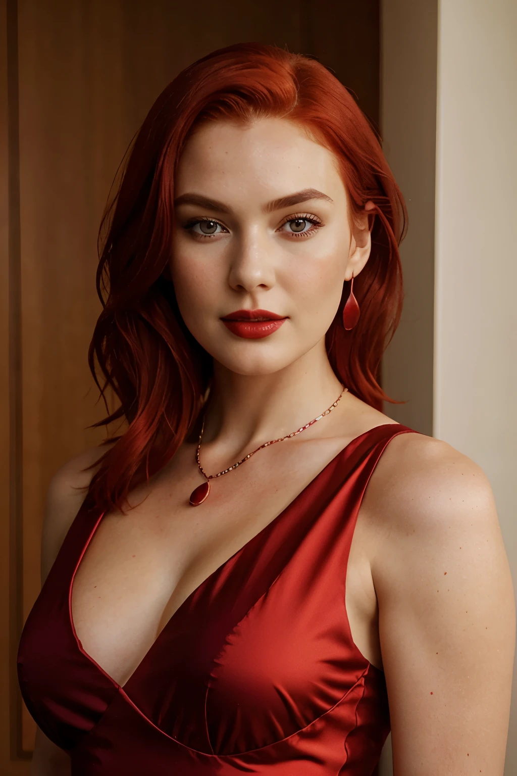 1girl with a beautiful, mature face, red hair, looking directly at the viewer, realistically rendered, wearing a sleek red dress that complements her hair color, showing off her shoulders and neck, accentuated with elegant jewelry, Lipstick staining her lips, nose defined, and expressing confidence and allure.