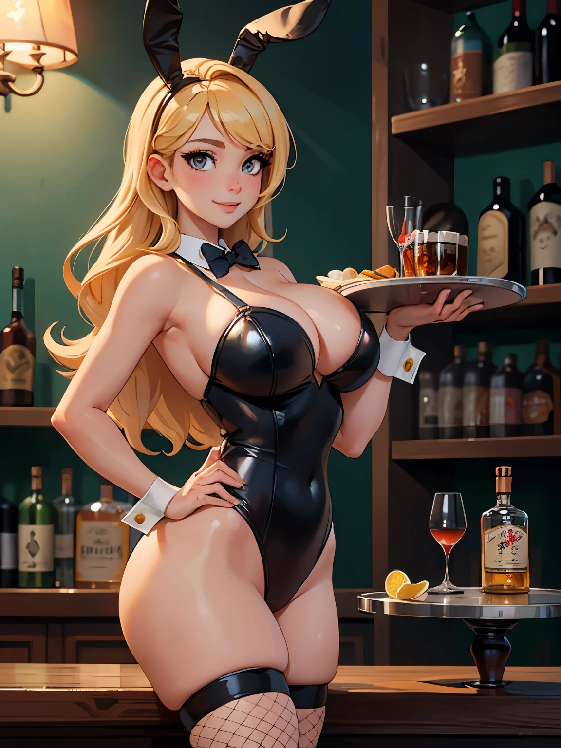 (masterpiece, best quality:1.4), 8k, woman, solo, 24 years old, (curvy:1.1), huge breasts, cleavage, ((long blonde hair, parted bangs)), (detailed grey eyes), bunny girl, high-cut leotard, bow tie, cuffs, fishnet stockings, black rabbit ears)), ((have a tray of liquor)), kind smile, (half body), (bar, bar counter in the background)