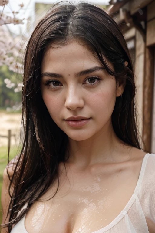 girl portrait, pencil, watercolor, Natural landscape background Gabriele dell'Otto、(High resolution:1.2),fine eyes,detailed lips,natural elegance、cherry blossoms、confidence、unique personality、naturalbody、Simple yet elegant makeup、Classic fashion、relaxed attitude、Upper body、It's raining heavily、It's wet、hot spring、open-air bath、a woman posing with a grey top wet, in the style of matte photo, bloomcore, intense gaze, hispanicore, french countryside, rtx on, candid celebrity shots