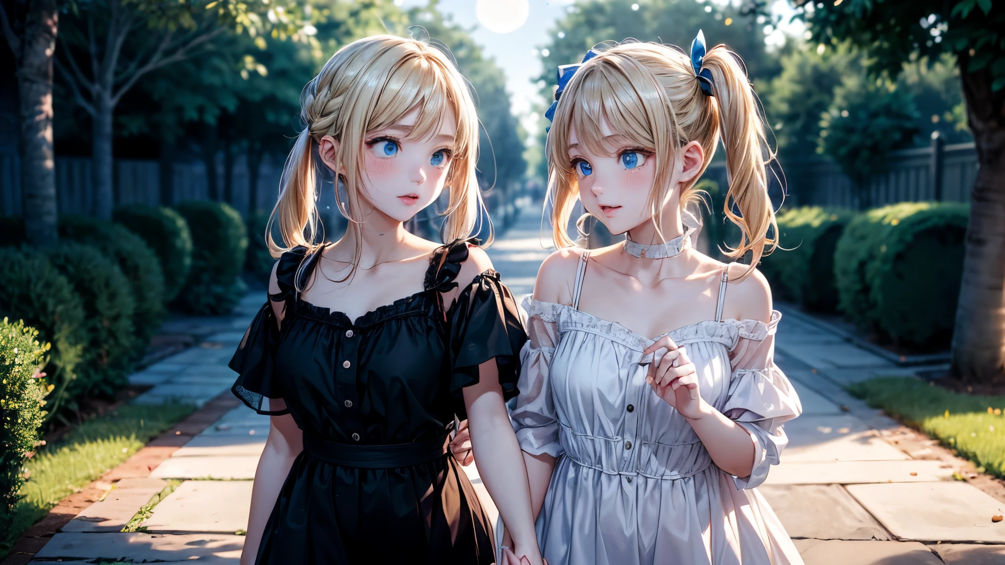 absurderes, (独奏:1.5,)ultra-detailliert,extremely beautiful detailed anime face and eyes,(Bangs parted in the middle:1.3),(Blonde hair with short twin tails:1.3), Shiny hair, Delicate beautiful face, red blush、(Deep Blue Eyes:1.3), White skin, hair clips,(Warm Summer Nights,romantic,whispering breeze,Moonlit path,memories,Forgiveness,transformational,growth), To melt even the most painful heart, two girls holding hands on a summer night, bathed in the soft glow of moonlight. Hand in hand, Walk along the tree-lined avenue, During a walk
