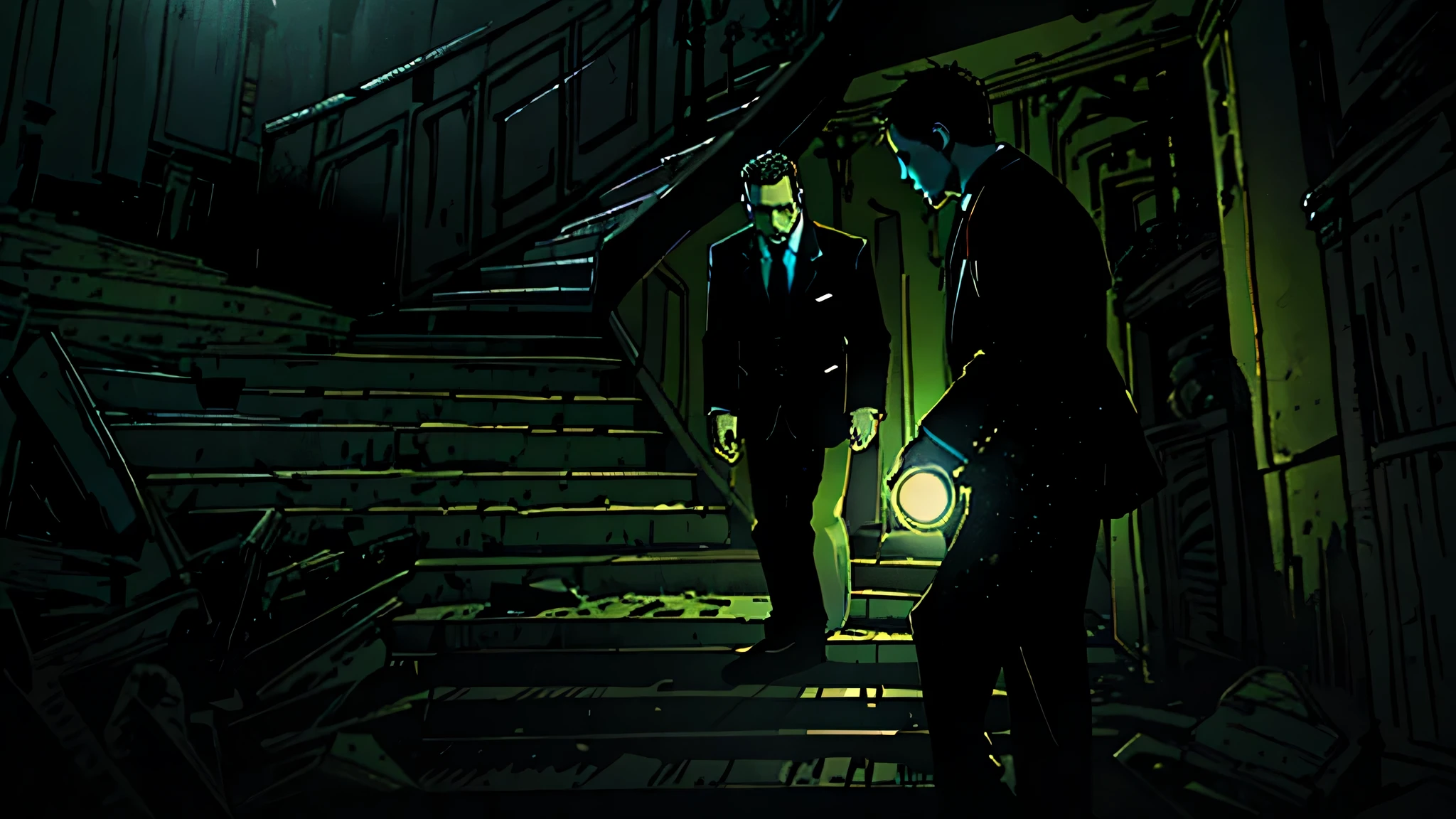Image depicting two men in suits with a flashlight in their hands descending a staircase in a very dark basement. Minimal lighting only highlights shadowy details, accentuating the feeling of desolation and mystery. The scene must convey a tense and unpleasant atmosphere.