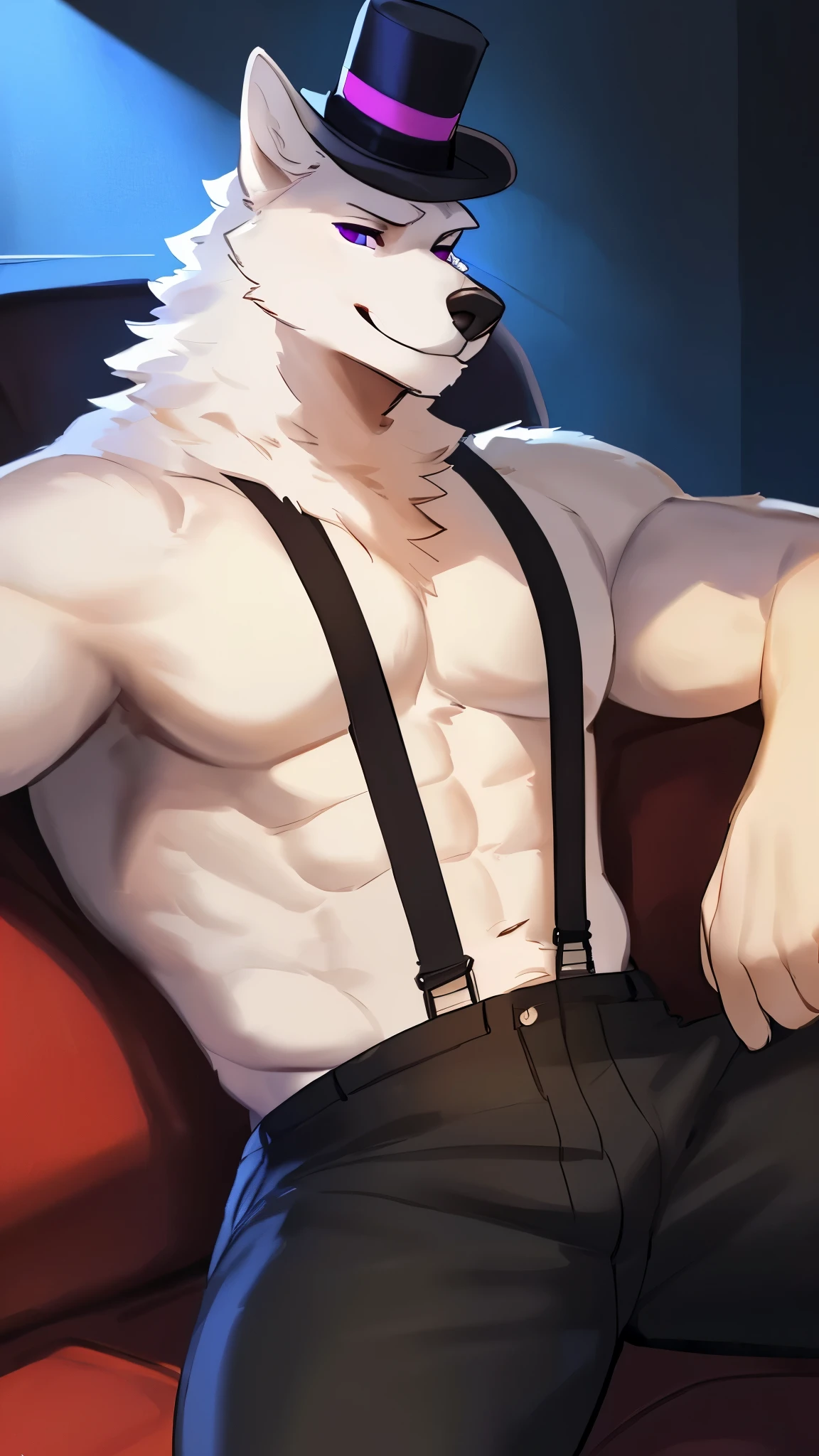 By bebebebebe, by lostgoose, by goonie-san, solo, male, ((white wolf, snout)), ears, purple eyes, (black top hat, black jeans, black suspenders, topless), abs, broad shoulders, smirking, relaxing on the couch, dark room, living room, dim light, ((muscular, big))